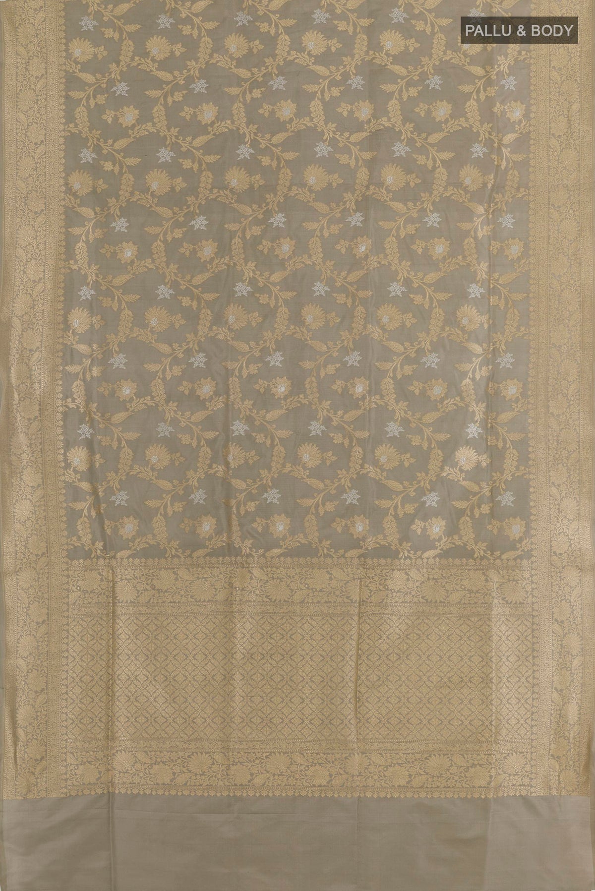 Flat view of Grey Banarasi Silk Saree with Zari Brocade on the body and Zari Border. 