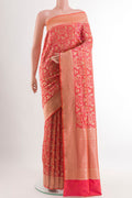 Peach Banarasi Silk Saree with Zari Brocade on the body and Zari Border.  displayed on a mannequin