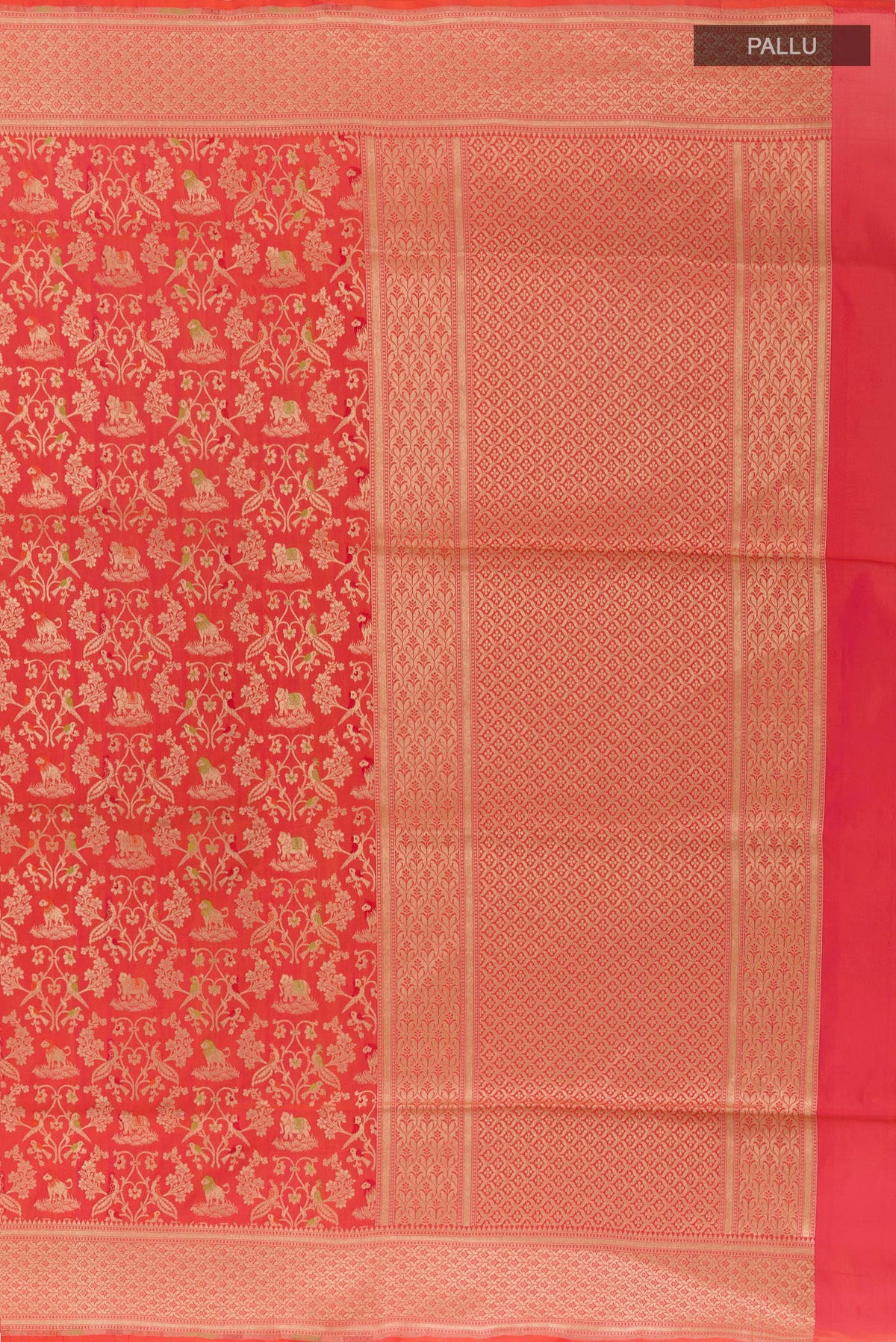 Close up image of the pallu of Peach Banarasi Silk Saree with Zari Brocade on the body and Zari Border. 