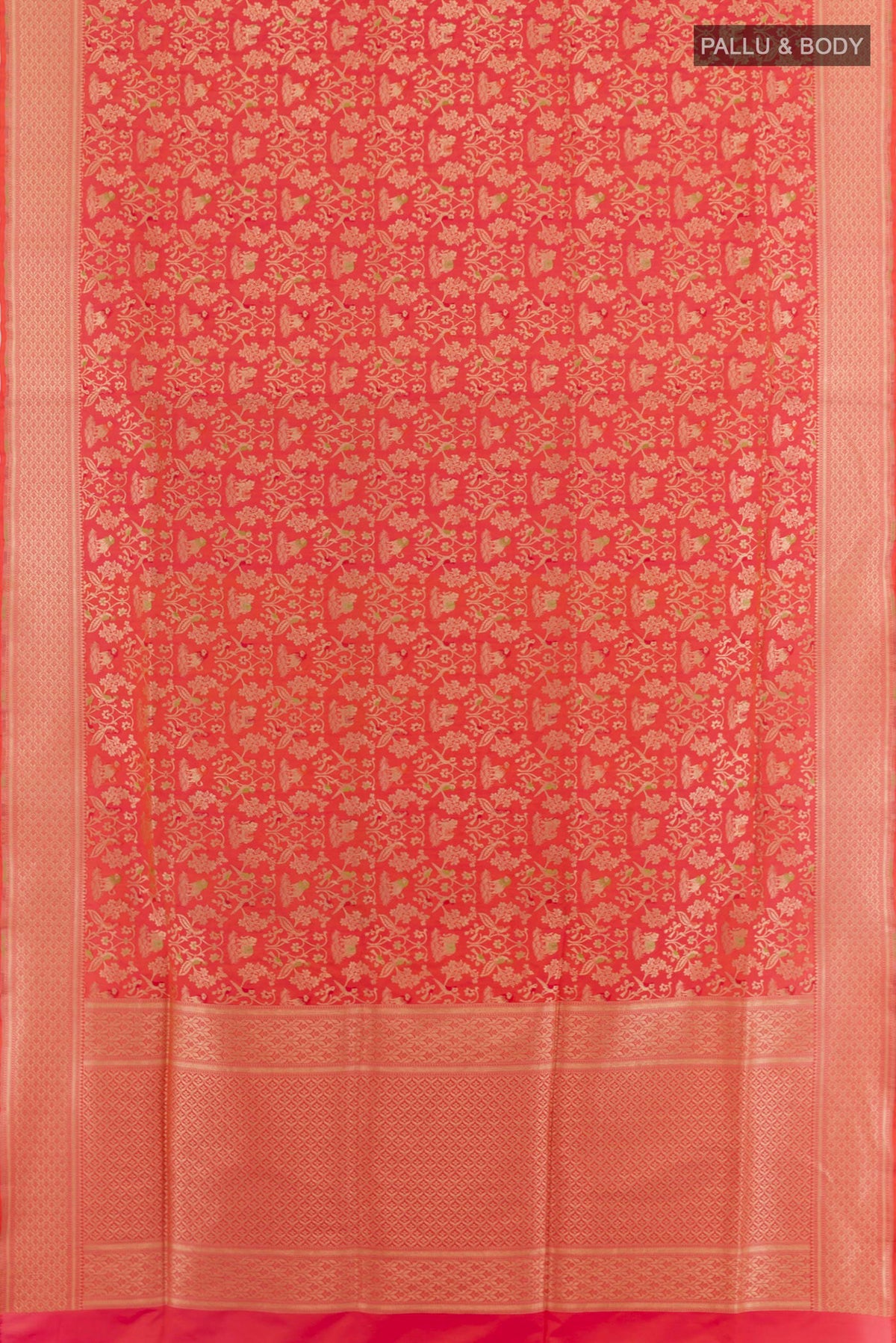 Flat view of Peach Banarasi Silk Saree with Zari Brocade on the body and Zari Border. 
