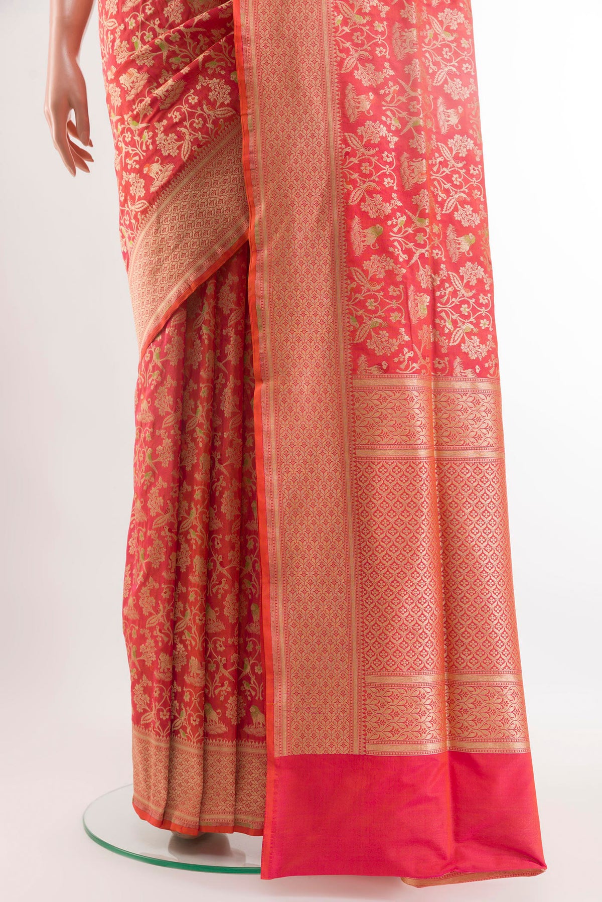 Pleats and pallu of Peach Banarasi Silk Saree with Zari Brocade on the body and Zari Border. 