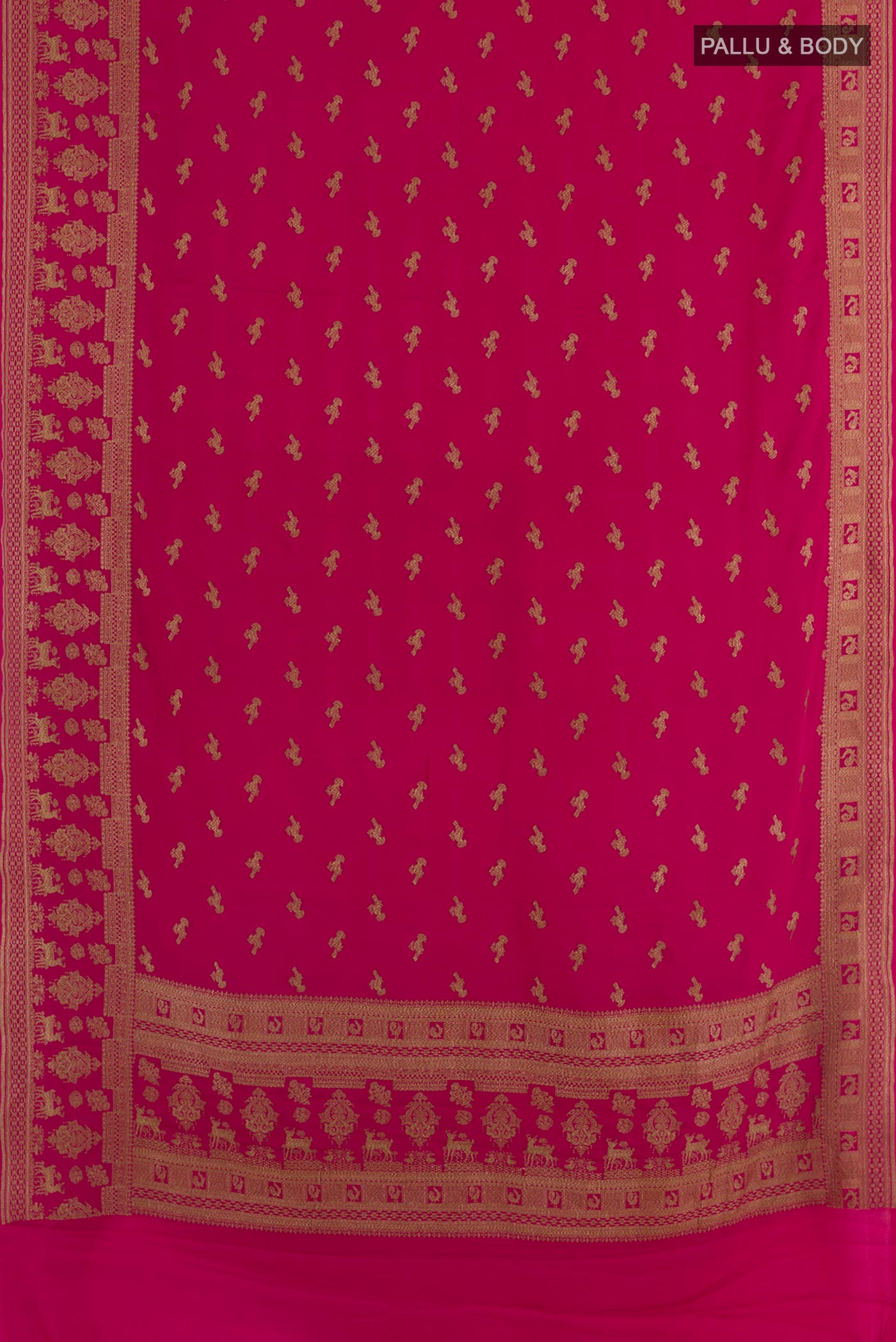 Flat view of Dark Pink Mysore Crepe Saree with Zari Butta on the body and Zari Border. 