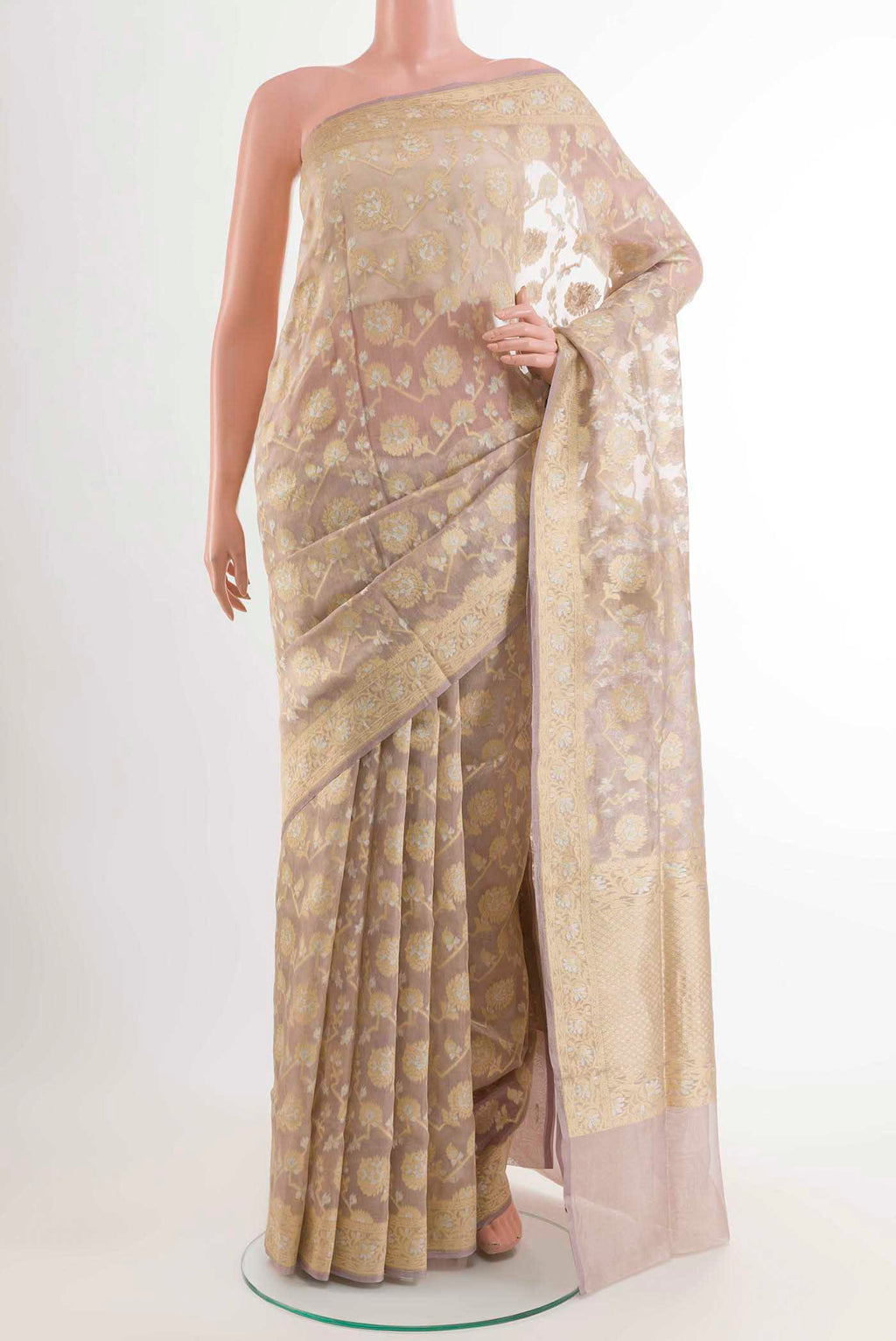 Lavender Banarasi Kora Silk Saree with Zari Brocade on the body and Zari Border displayed on a mannequin