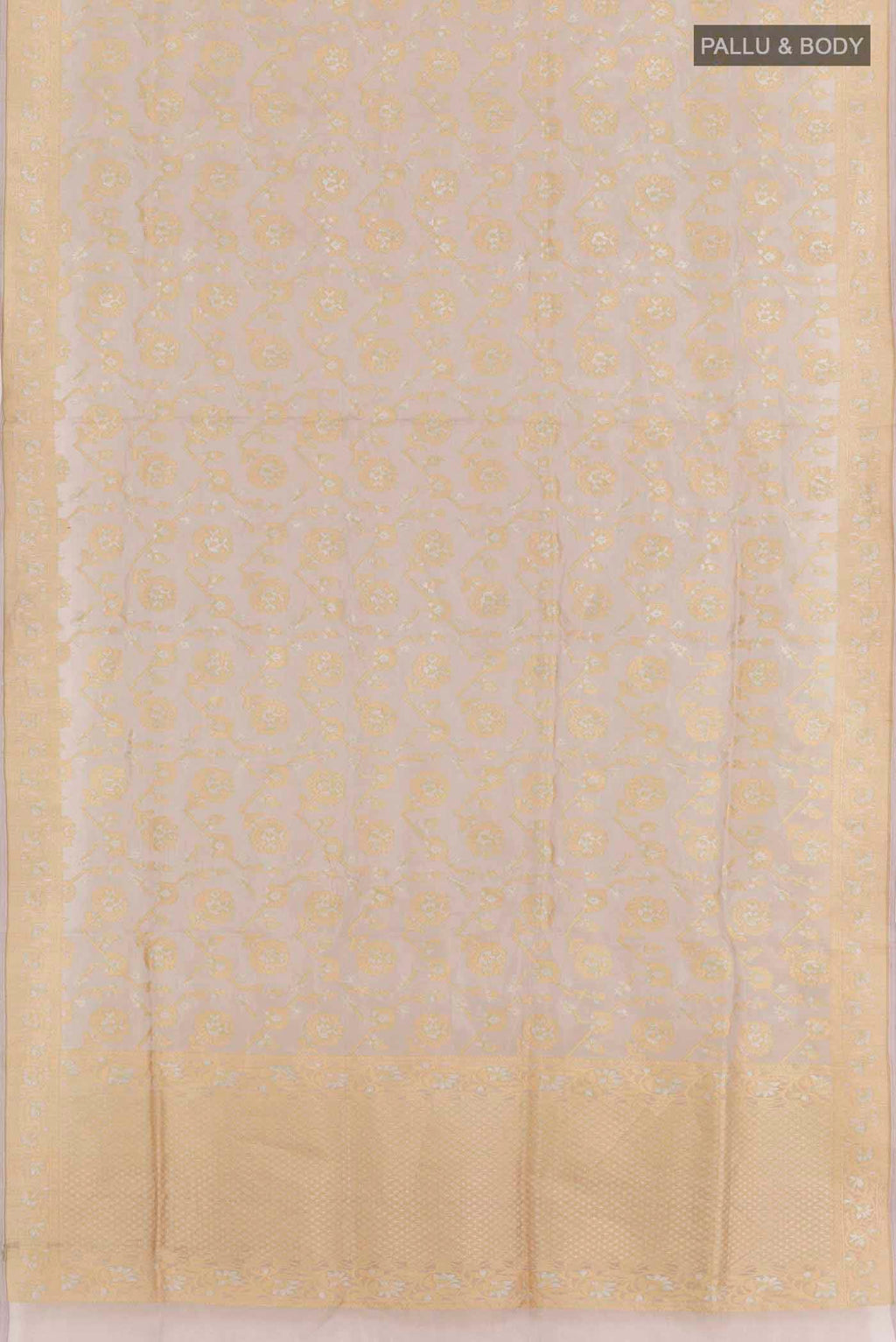 Flat view of Lavender Banarasi Kora Silk Saree with Zari Brocade on the body and Zari Border