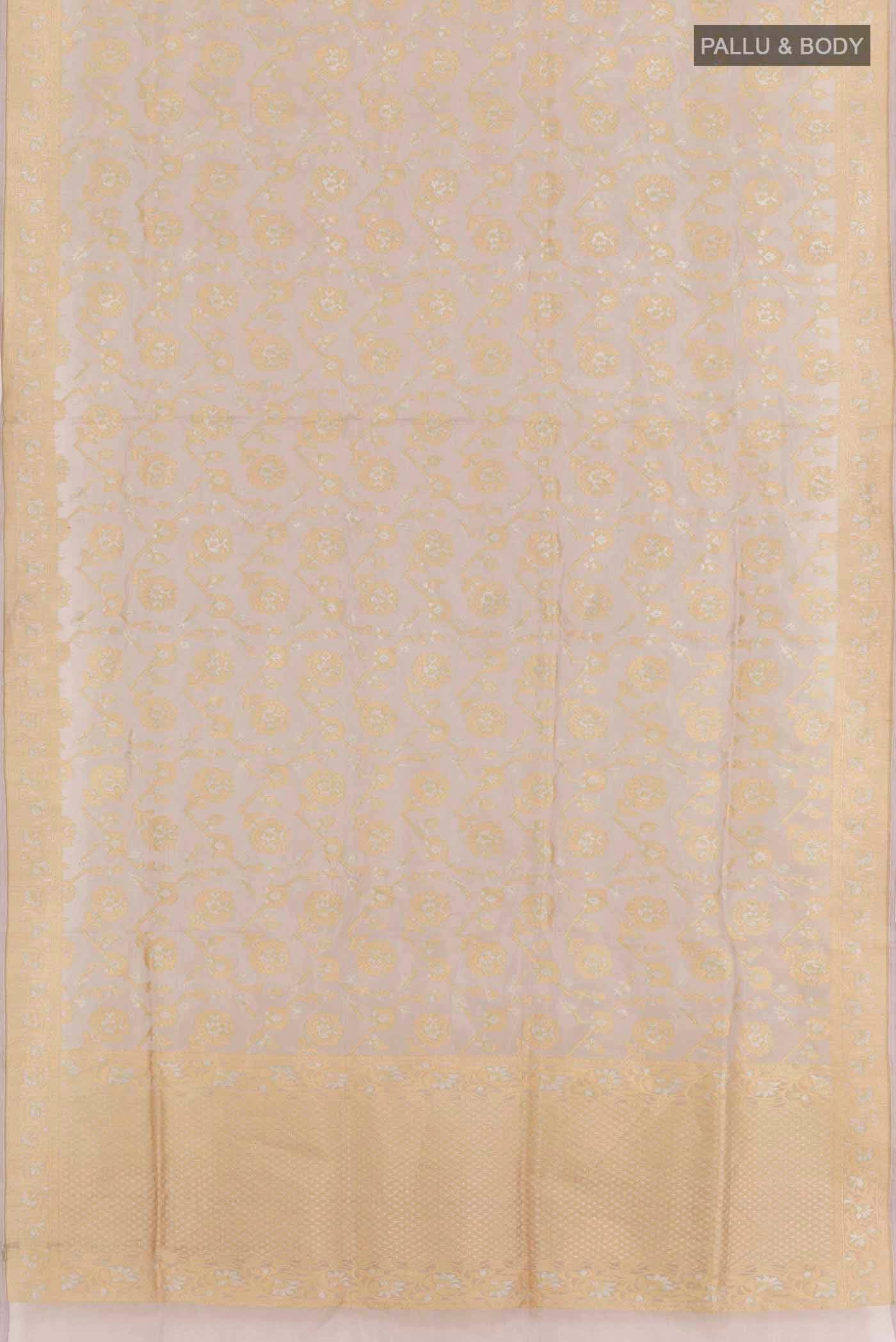 Flat view of Lavender Banarasi Kora Silk Saree with Zari Brocade on the body and Zari Border