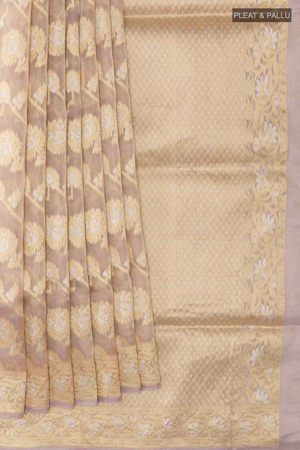 Pleats and pallu of Lavender Banarasi Kora Silk Saree with Zari Brocade on the body and Zari Border