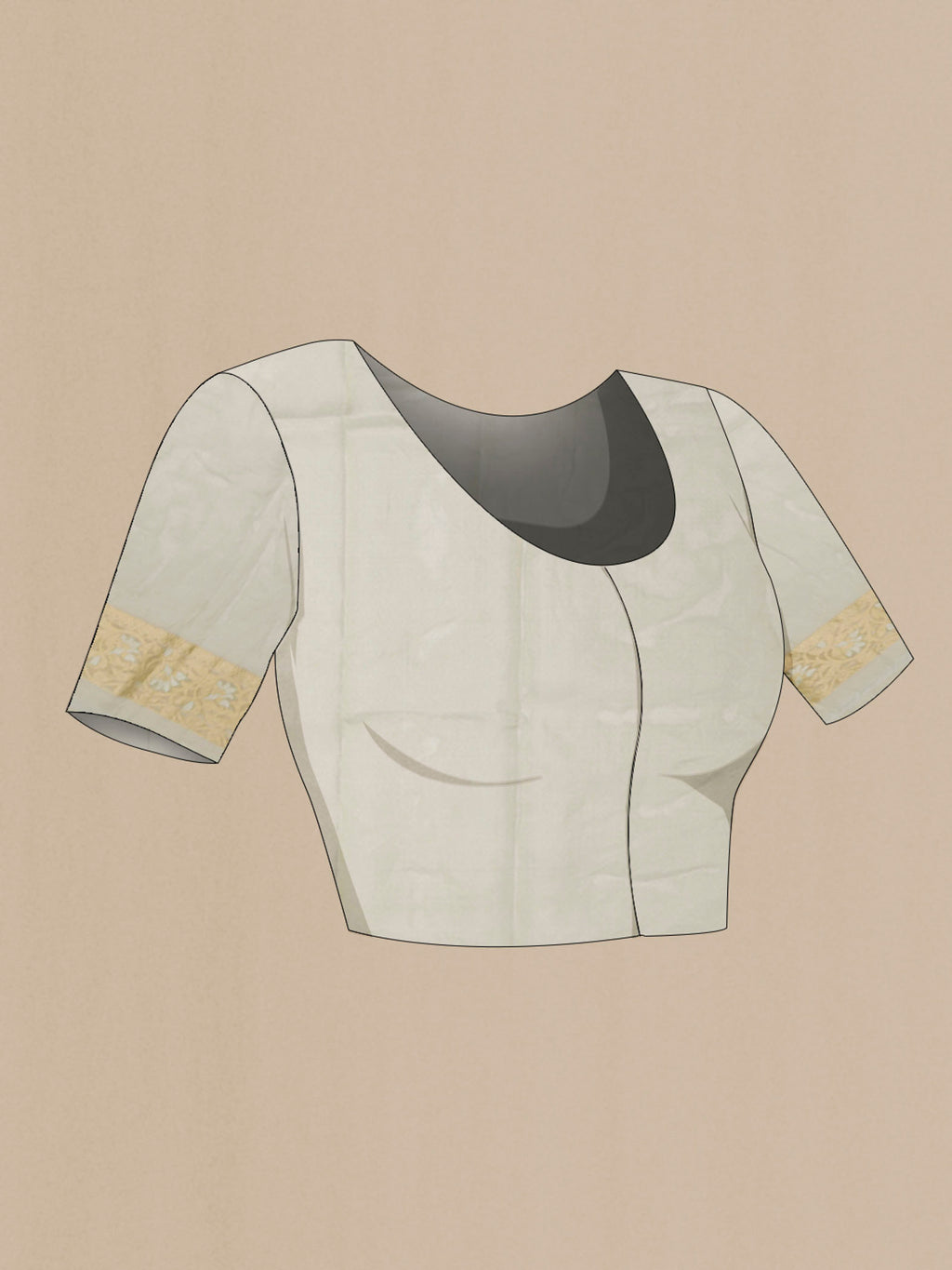 Close up image of the blouse of Green Banarasi Kora Silk Saree with Zari Brocade on the body and Zari Border