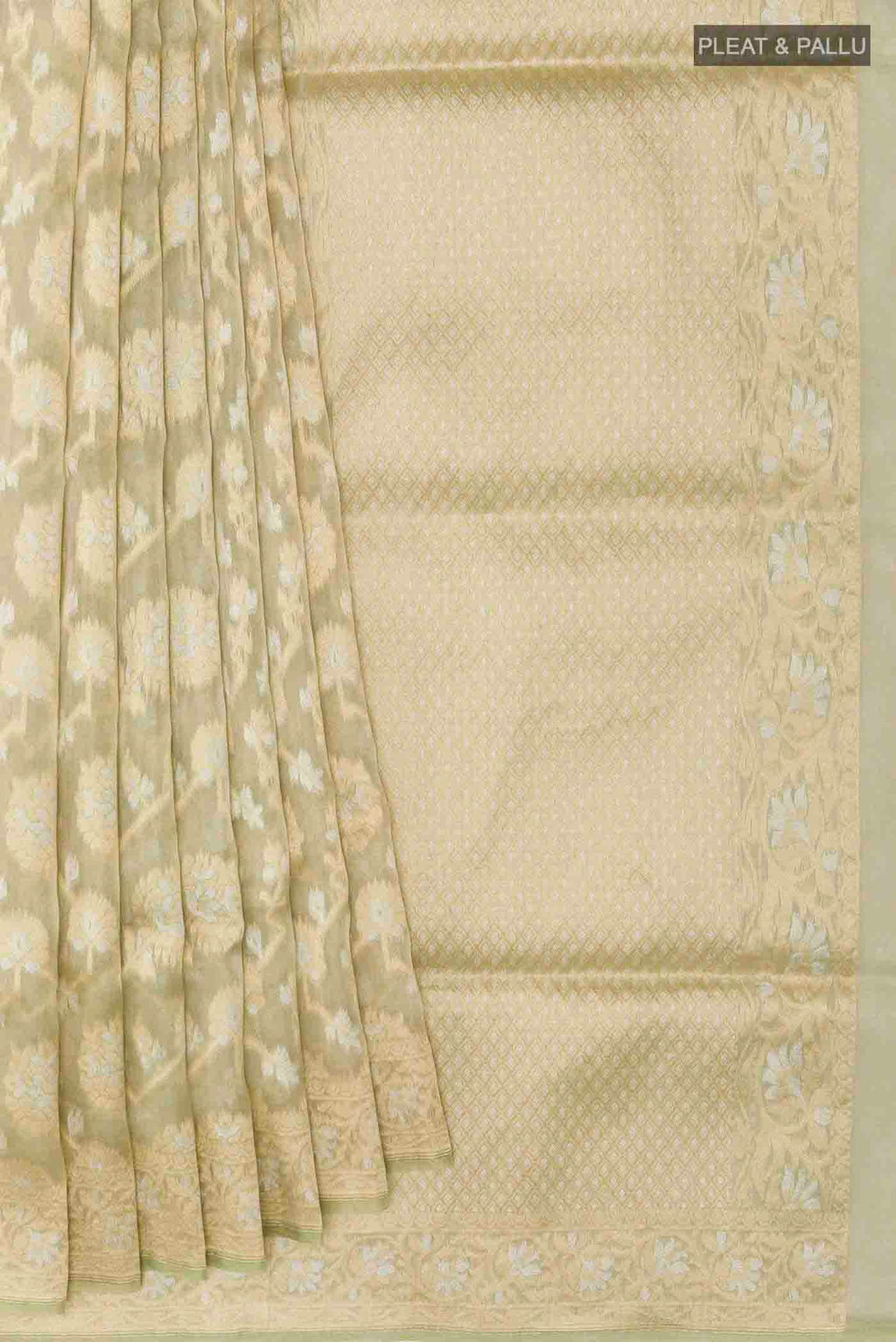 Pleats and pallu of Green Banarasi Kora Silk Saree with Zari Brocade on the body and Zari Border