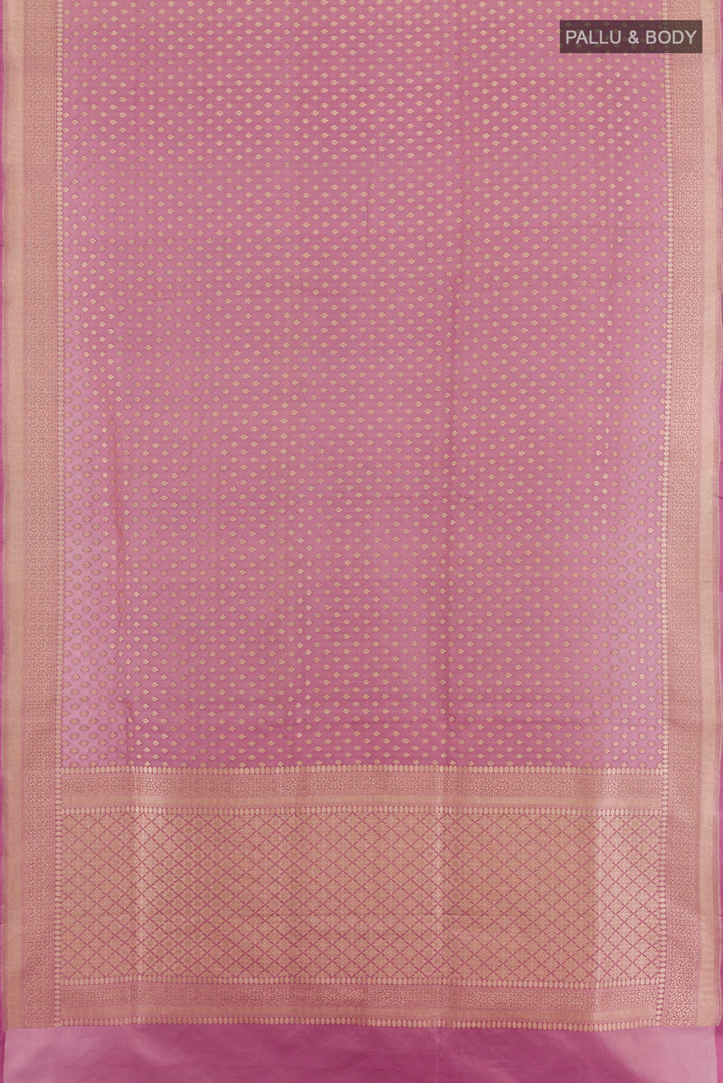 Flat view of Lavender Banarasi Silk Saree with Zari Butta on the body and Zari Border. 