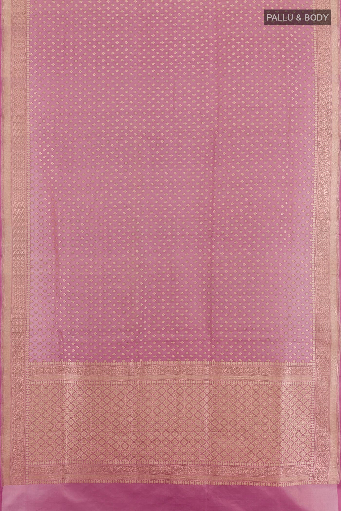 Flat view of Lavender Banarasi Silk Saree with Zari Butta on the body and Zari Border. 