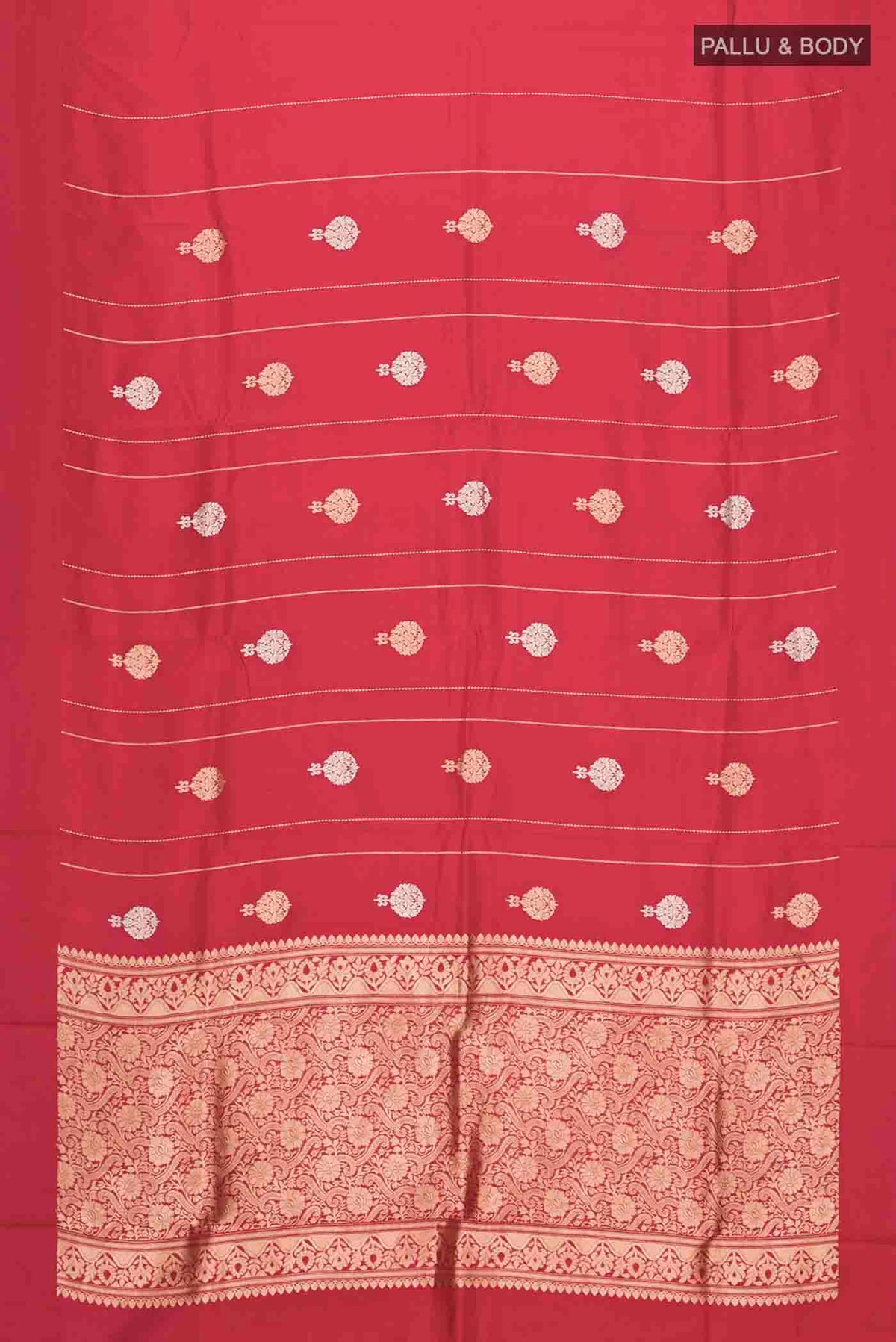 Flat view of Red Banarasi Katan Silk Saree with Zari Butta on the body and Plain Border