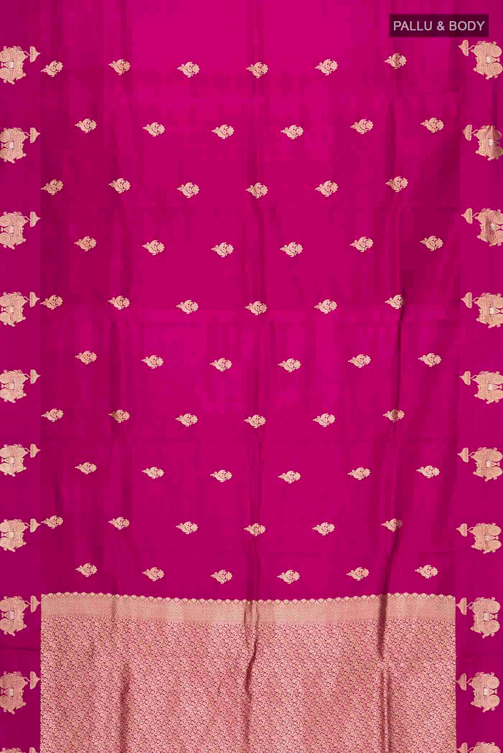 Flat view of Purple Banarasi Katan Silk Saree with Zari Butta on the body and Zari Border