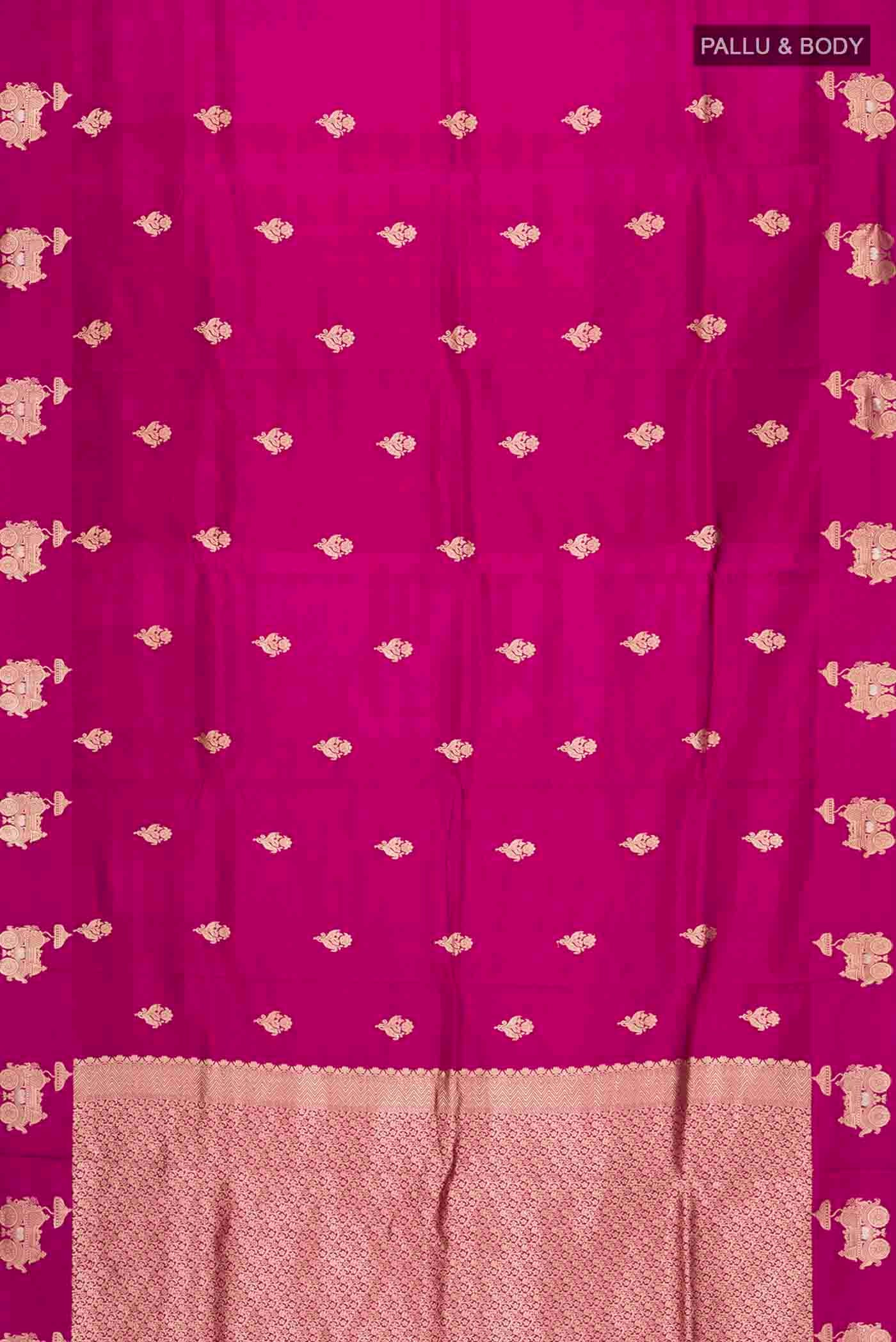 Flat view of Purple Banarasi Katan Silk Saree with Zari Butta on the body and Zari Border