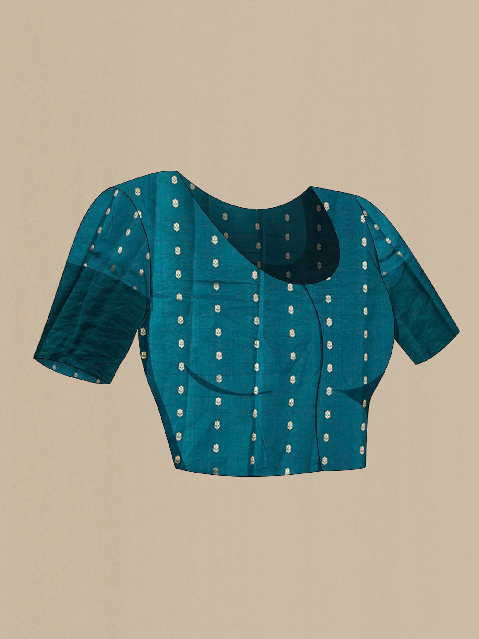 Close up image of the blouse of Green Banarasi Silk Saree with Stripes on the body and Zari Border