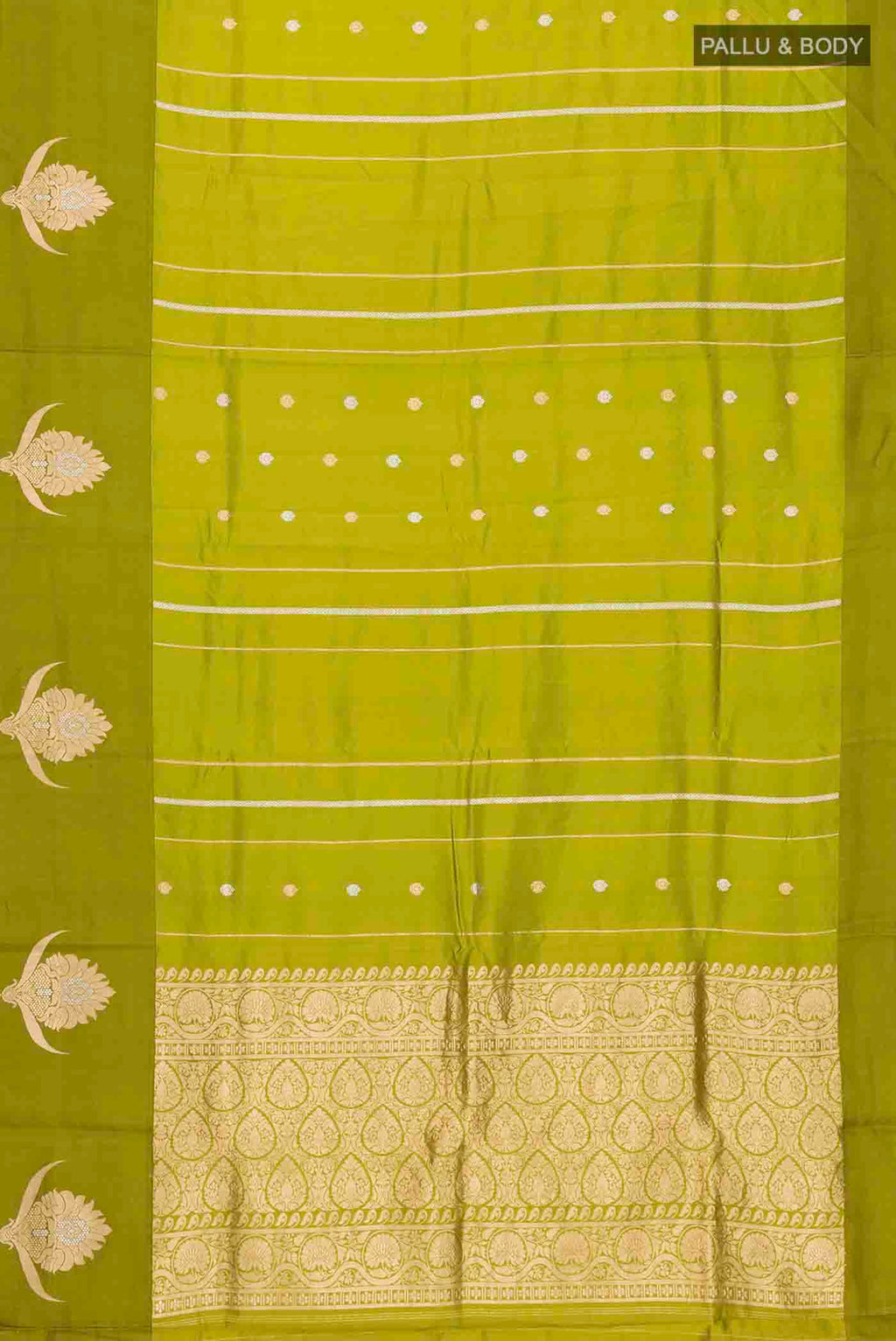 Flat view of Green Banarasi Silk Saree with Stripes on the body and Zari Border