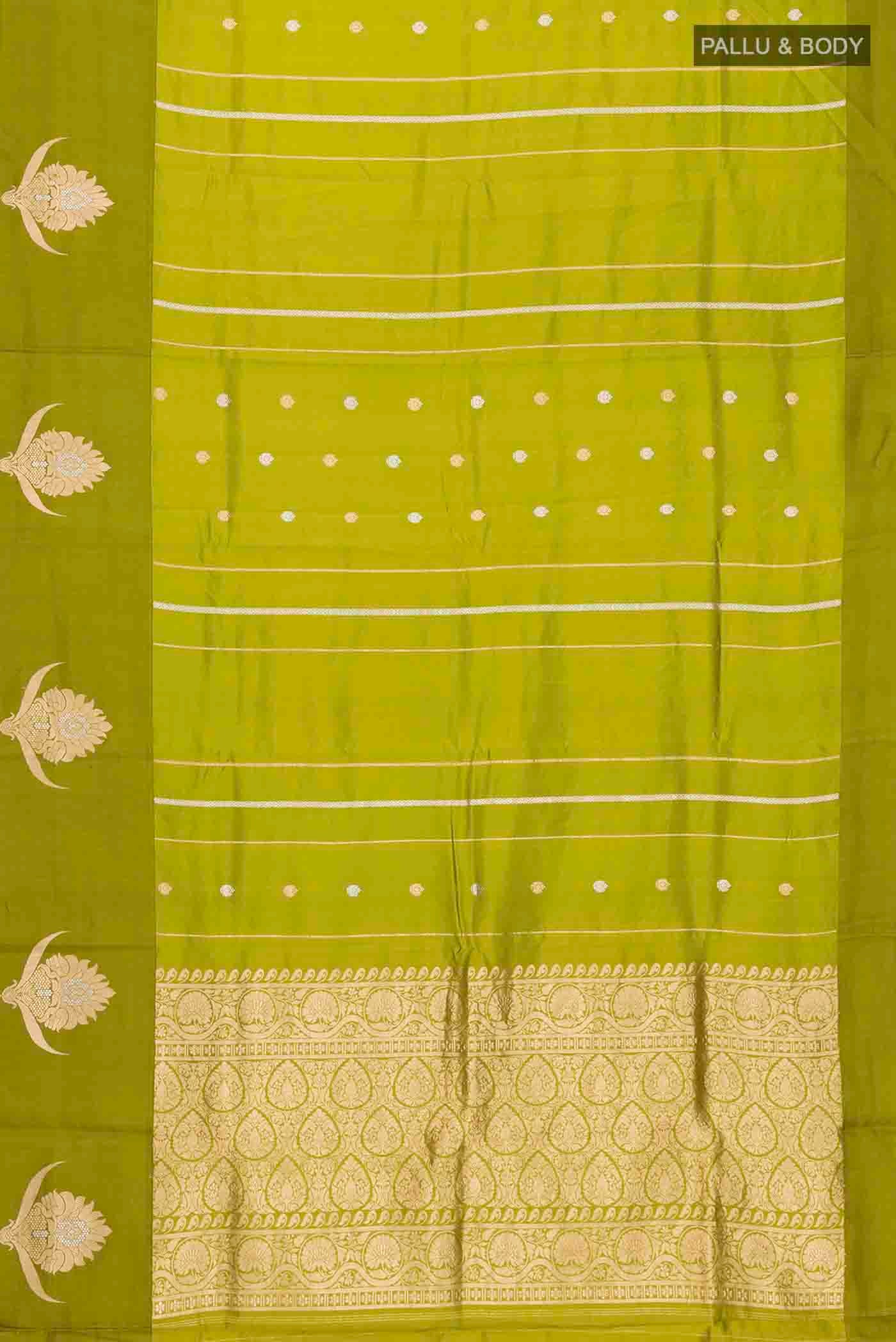 Flat view of Green Banarasi Silk Saree with Stripes on the body and Zari Border