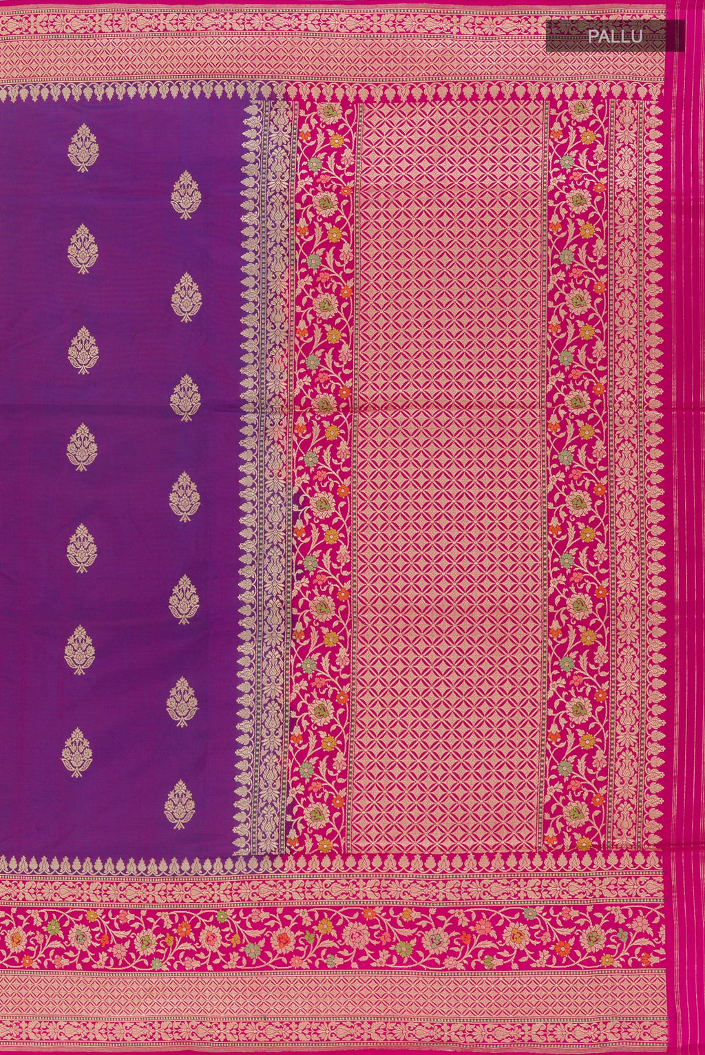 Close up image of the pallu of Purple Banarasi Silk Saree with Zari Butta on the body and Zari Border. 