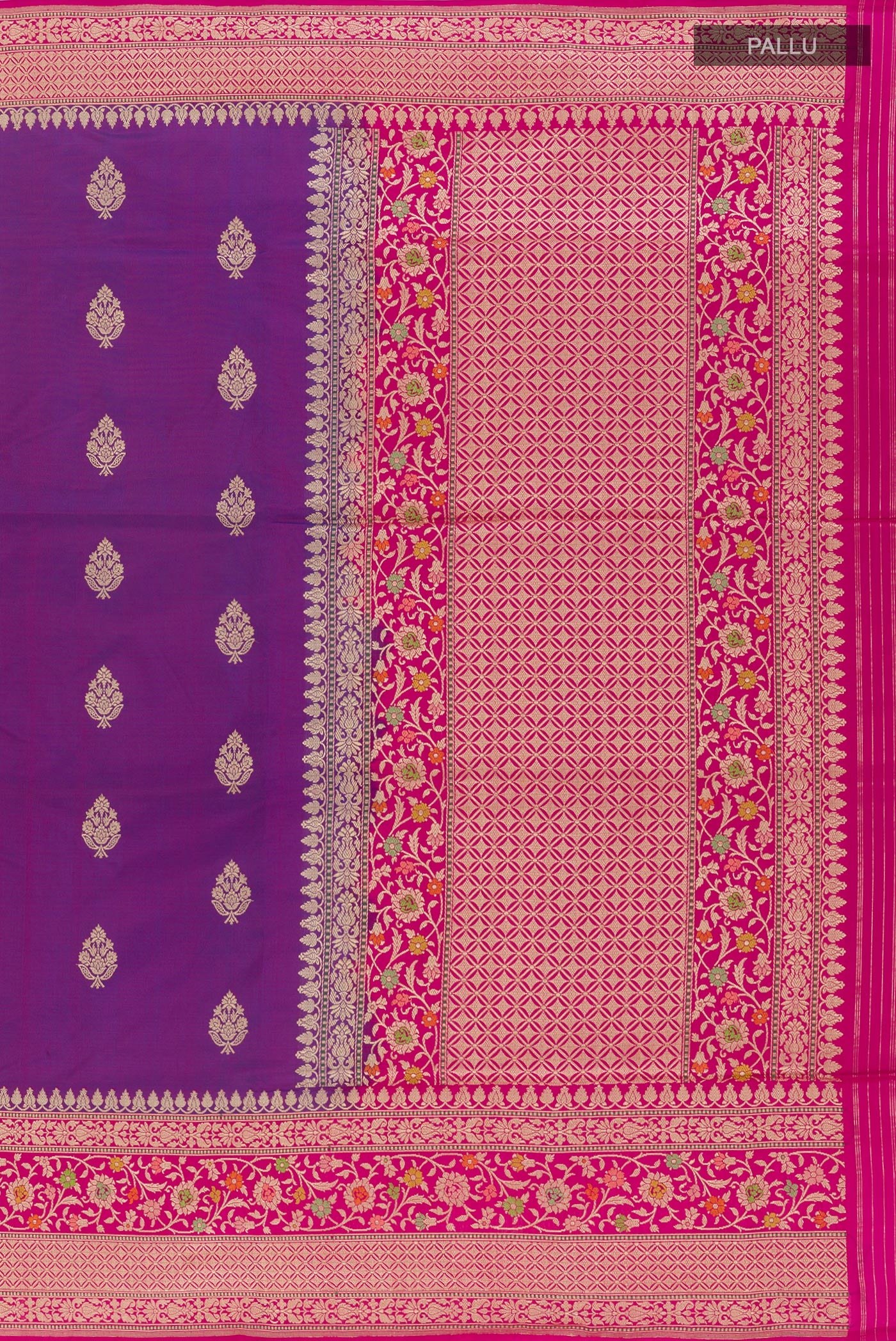 Close up image of the pallu of Purple Banarasi Silk Saree with Zari Butta on the body and Zari Border. 