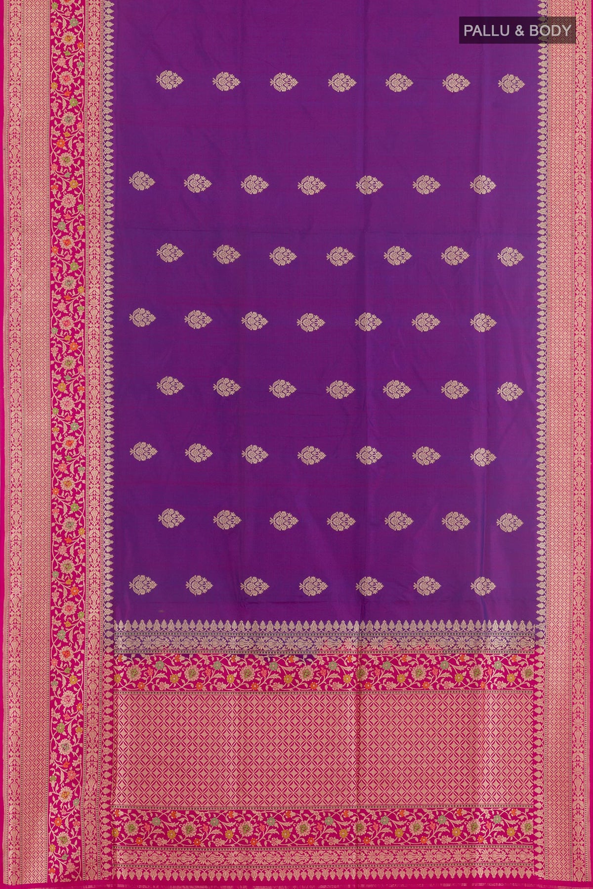 Flat view of Purple Banarasi Silk Saree with Zari Butta on the body and Zari Border. 