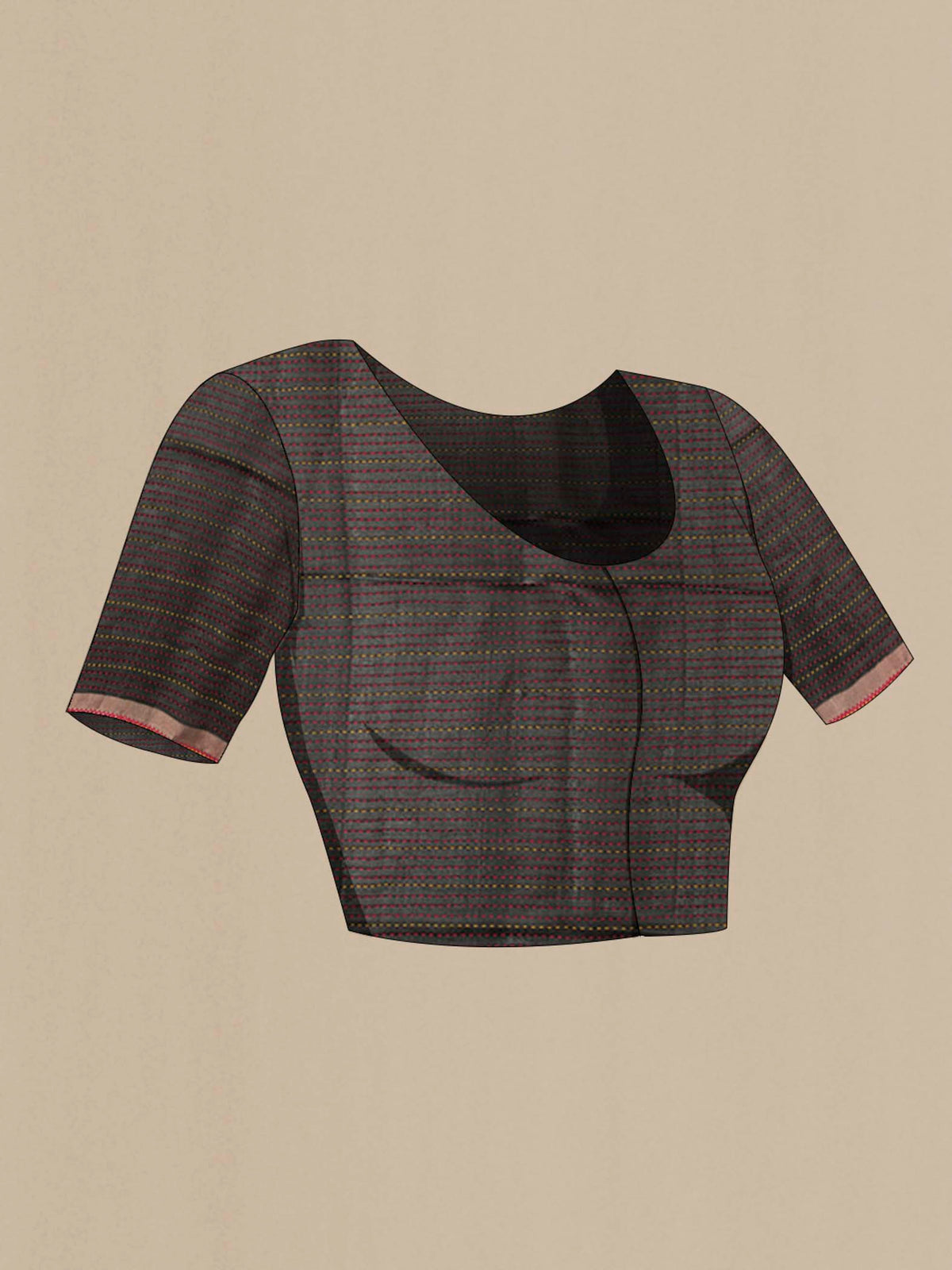 Close up image of the blouse of Black Tussar Silk Saree with Stripes on the body and Embroidery Border