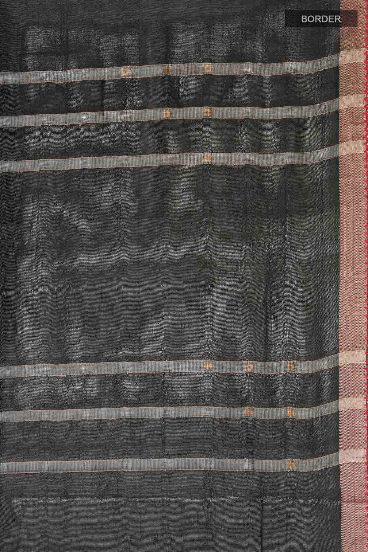 Border image of Black Tussar Silk Saree with Stripes on the body and Embroidery Border