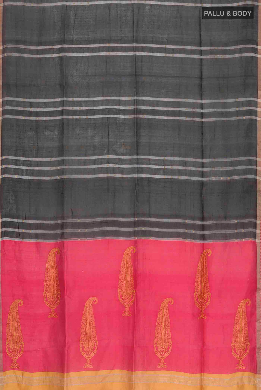 Flat view of Black Tussar Silk Saree with Stripes on the body and Embroidery Border