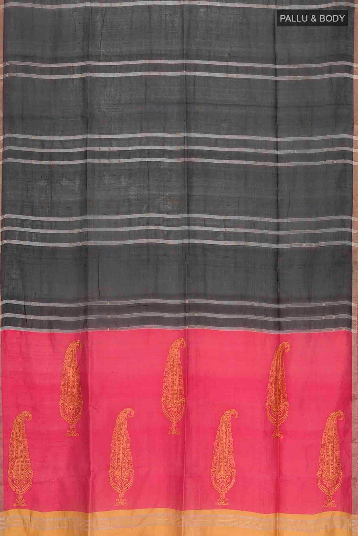 Flat view of Black Tussar Silk Saree with Stripes on the body and Embroidery Border