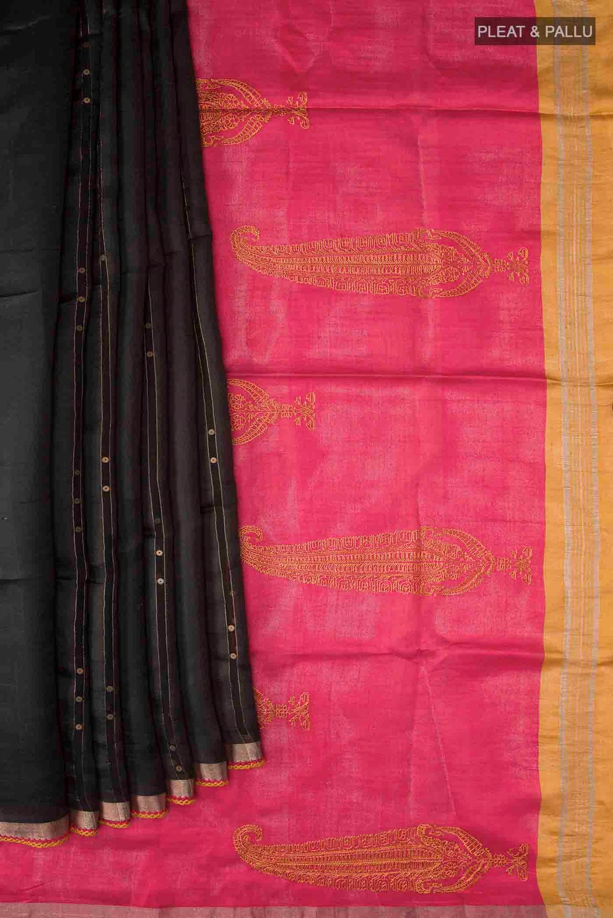 Pleats and pallu of Black Tussar Silk Saree with Stripes on the body and Embroidery Border