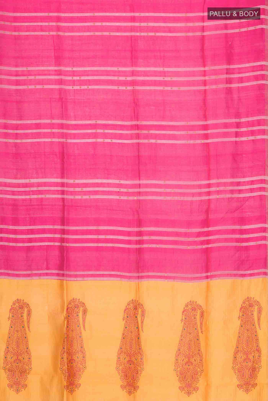 Flat view of Pink Tussar Silk Saree with Stripes on the body and Embroidery Border