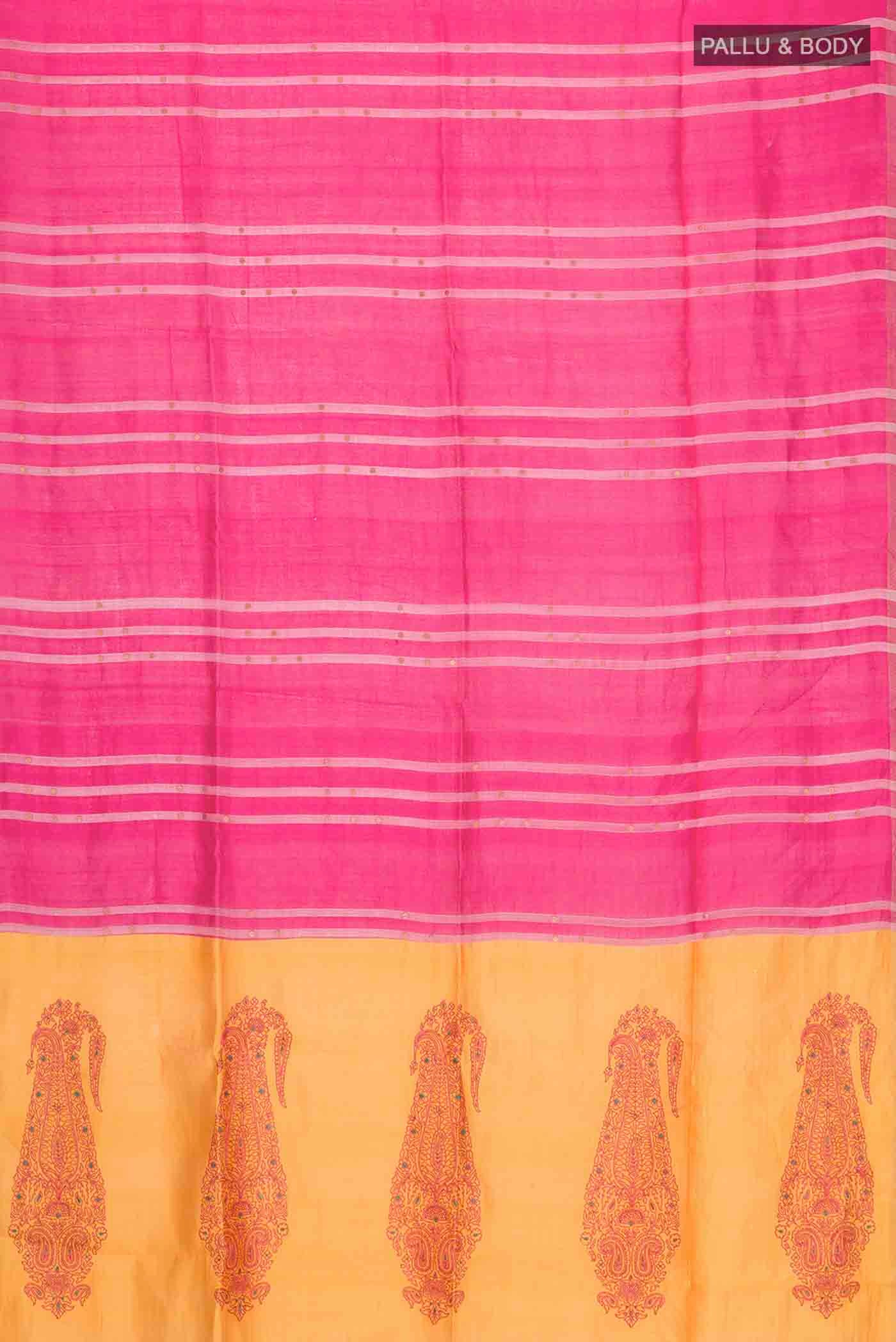 Flat view of Pink Tussar Silk Saree with Stripes on the body and Embroidery Border