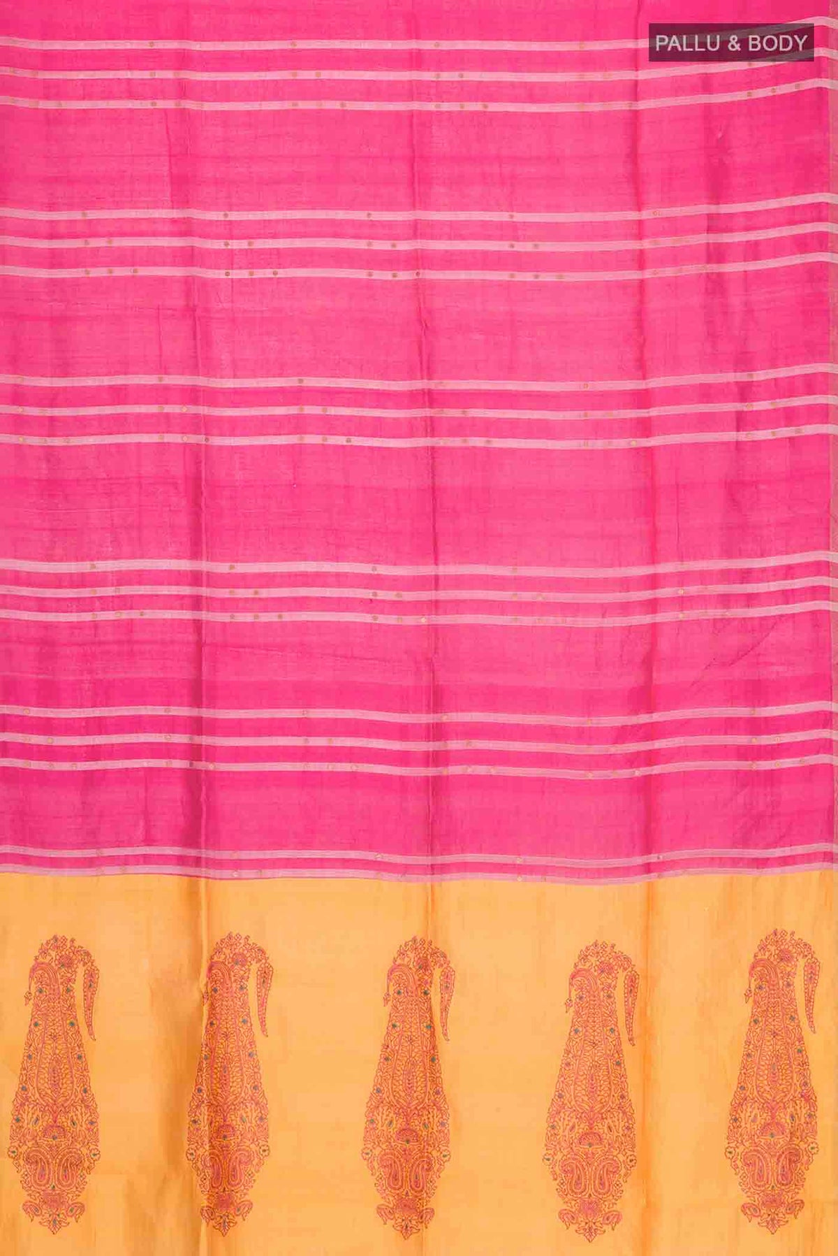 Flat view of Pink Tussar Silk Saree with Stripes on the body and Embroidery Border