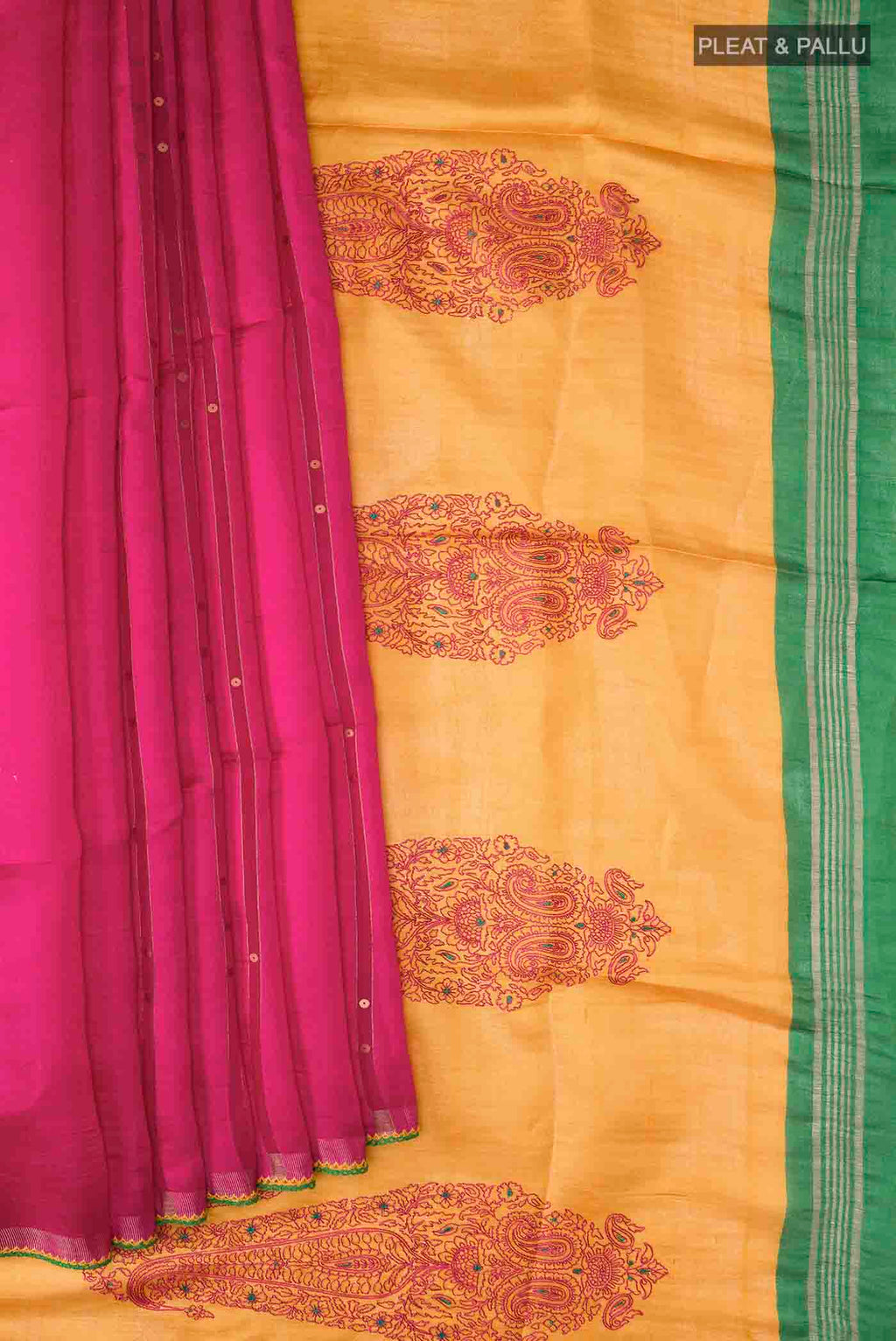 Pleats and pallu of Pink Tussar Silk Saree with Stripes on the body and Embroidery Border