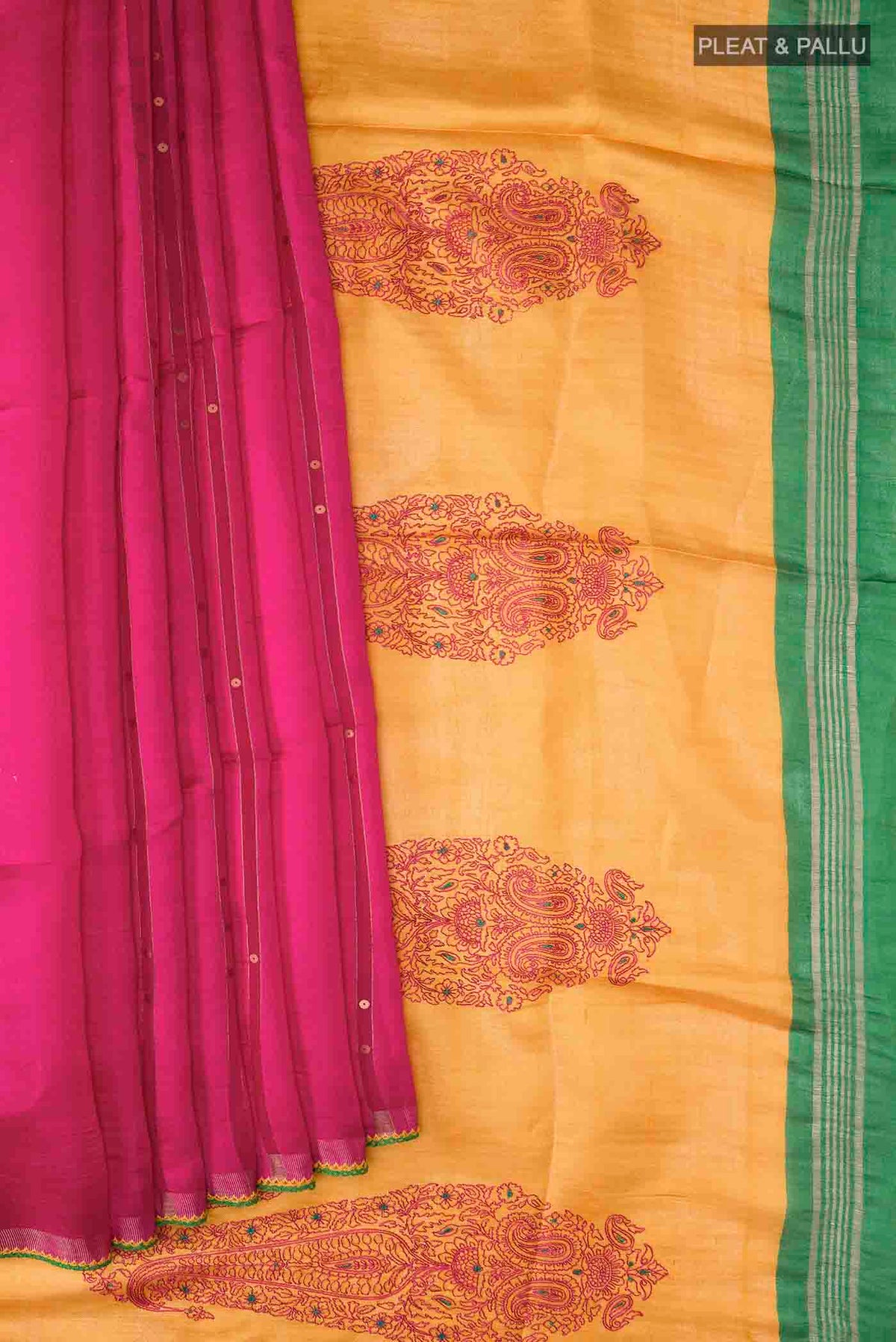 Pleats and pallu of Pink Tussar Silk Saree with Stripes on the body and Embroidery Border