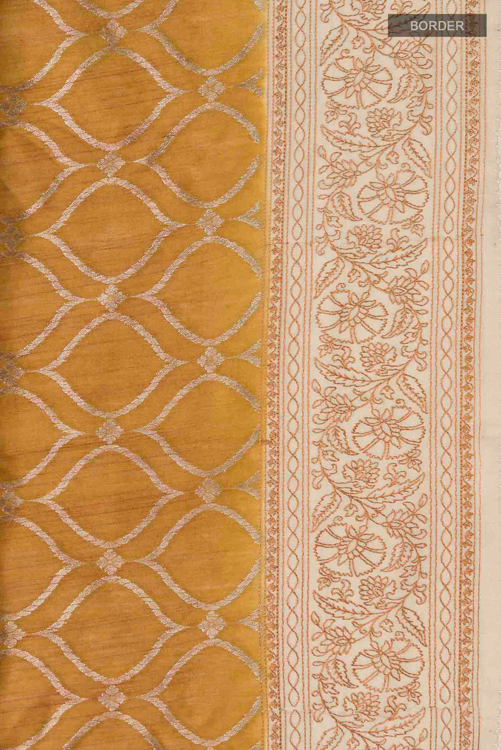 Border image of Mustard Tussar Silk Saree with Zari Butta on the body and Embroidery Border