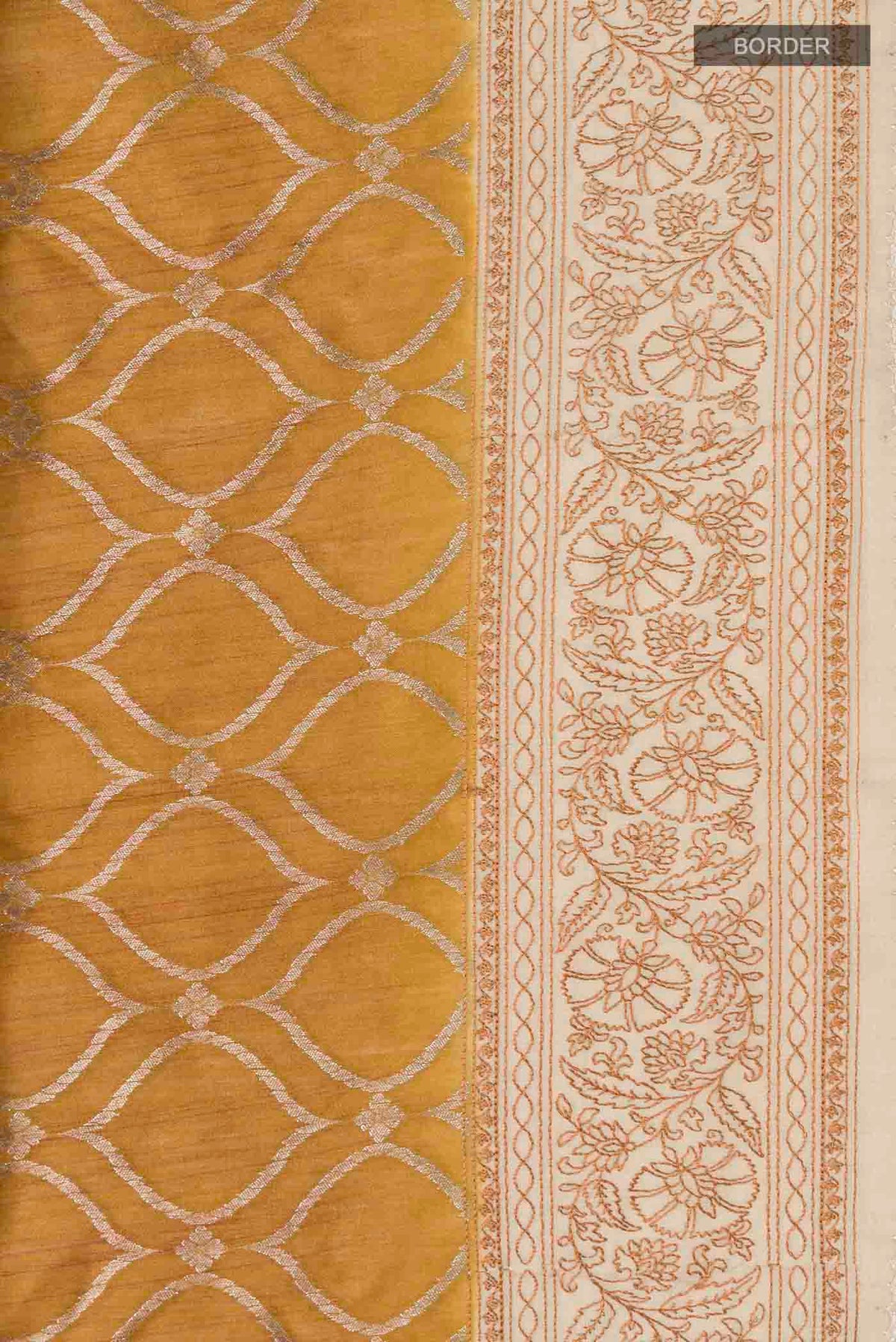 Border image of Mustard Tussar Silk Saree with Zari Butta on the body and Embroidery Border
