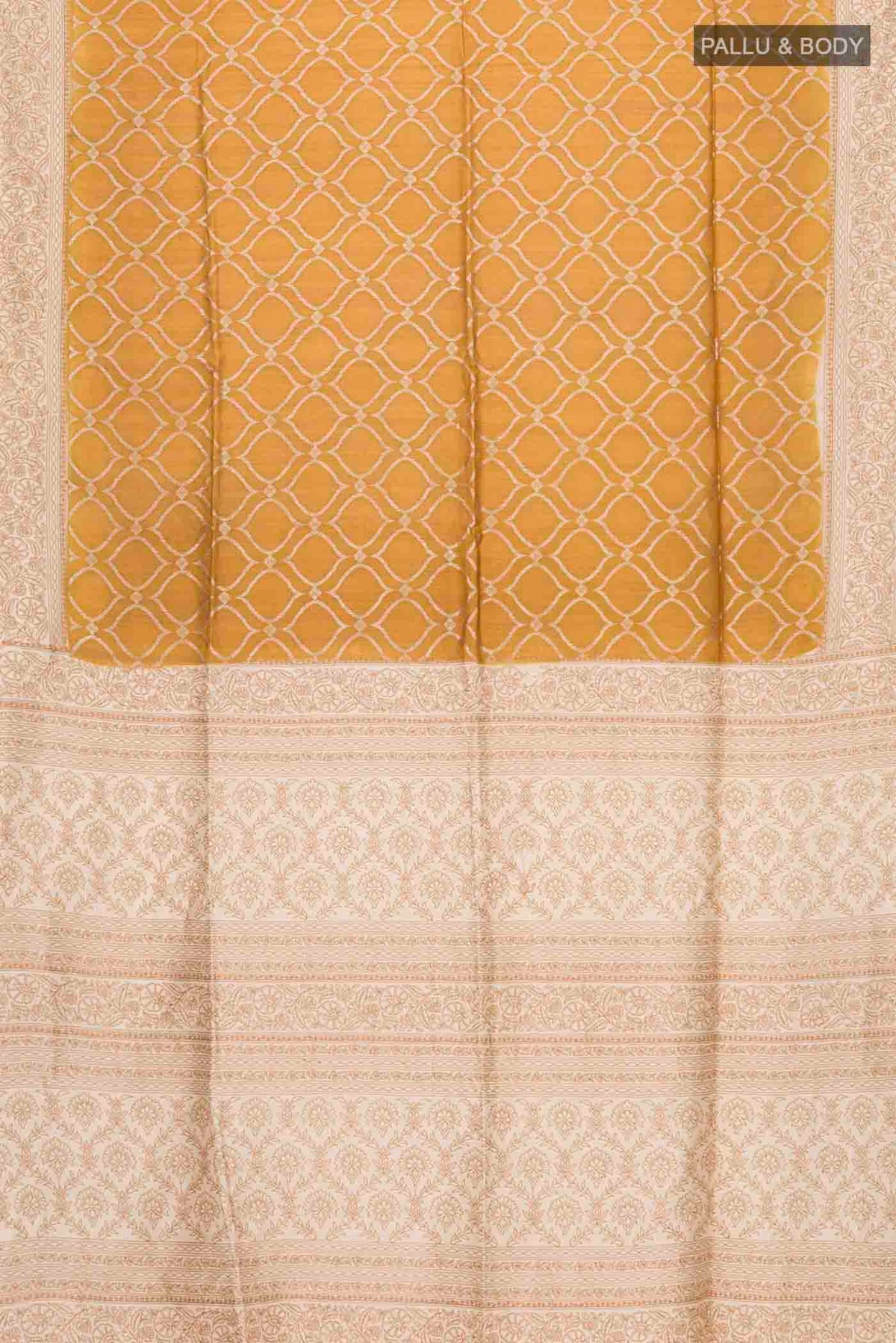 Flat view of Mustard Tussar Silk Saree with Zari Butta on the body and Embroidery Border