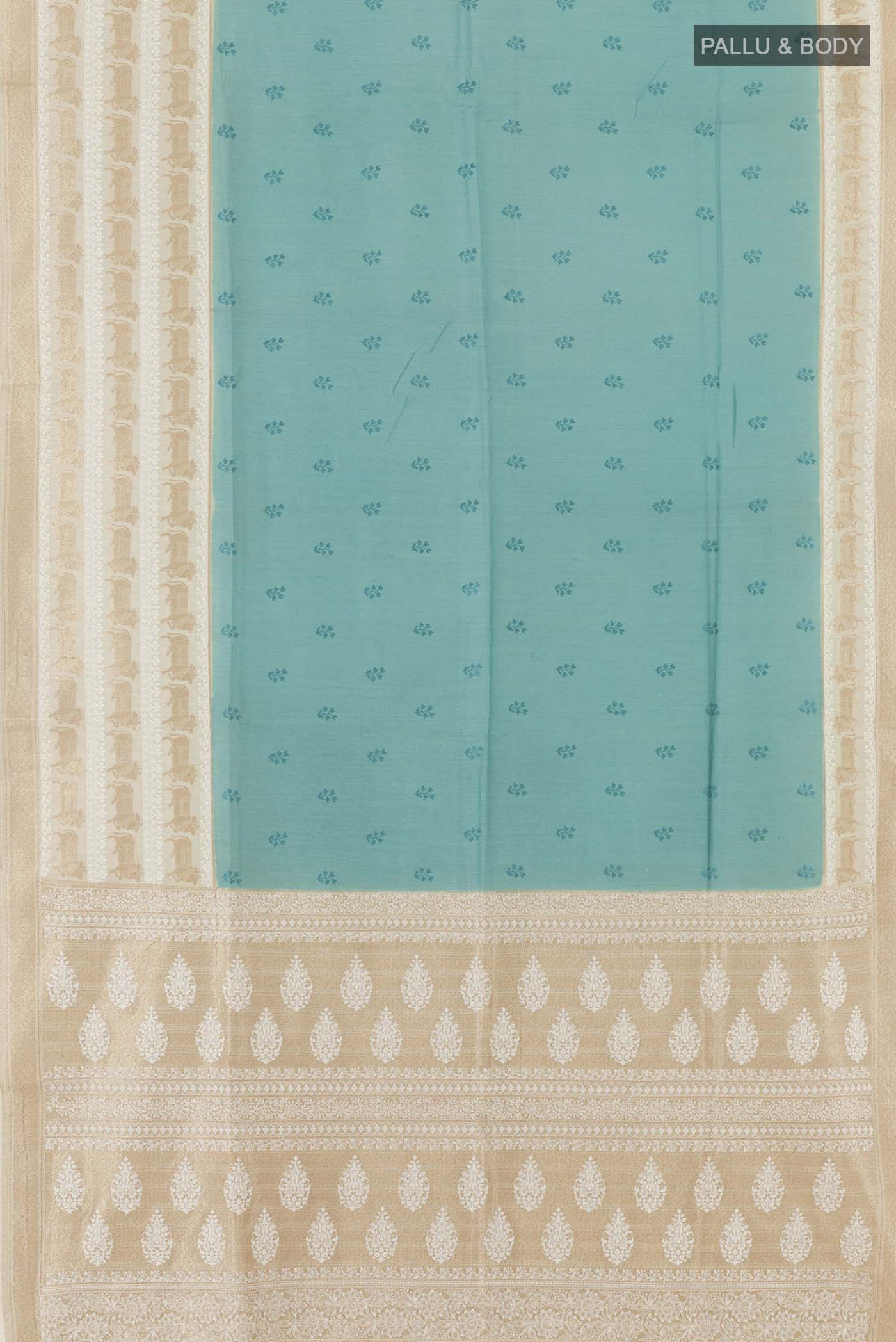 Flat view of Blue Tussar Saree with Thread Butta on the body and Thread Border