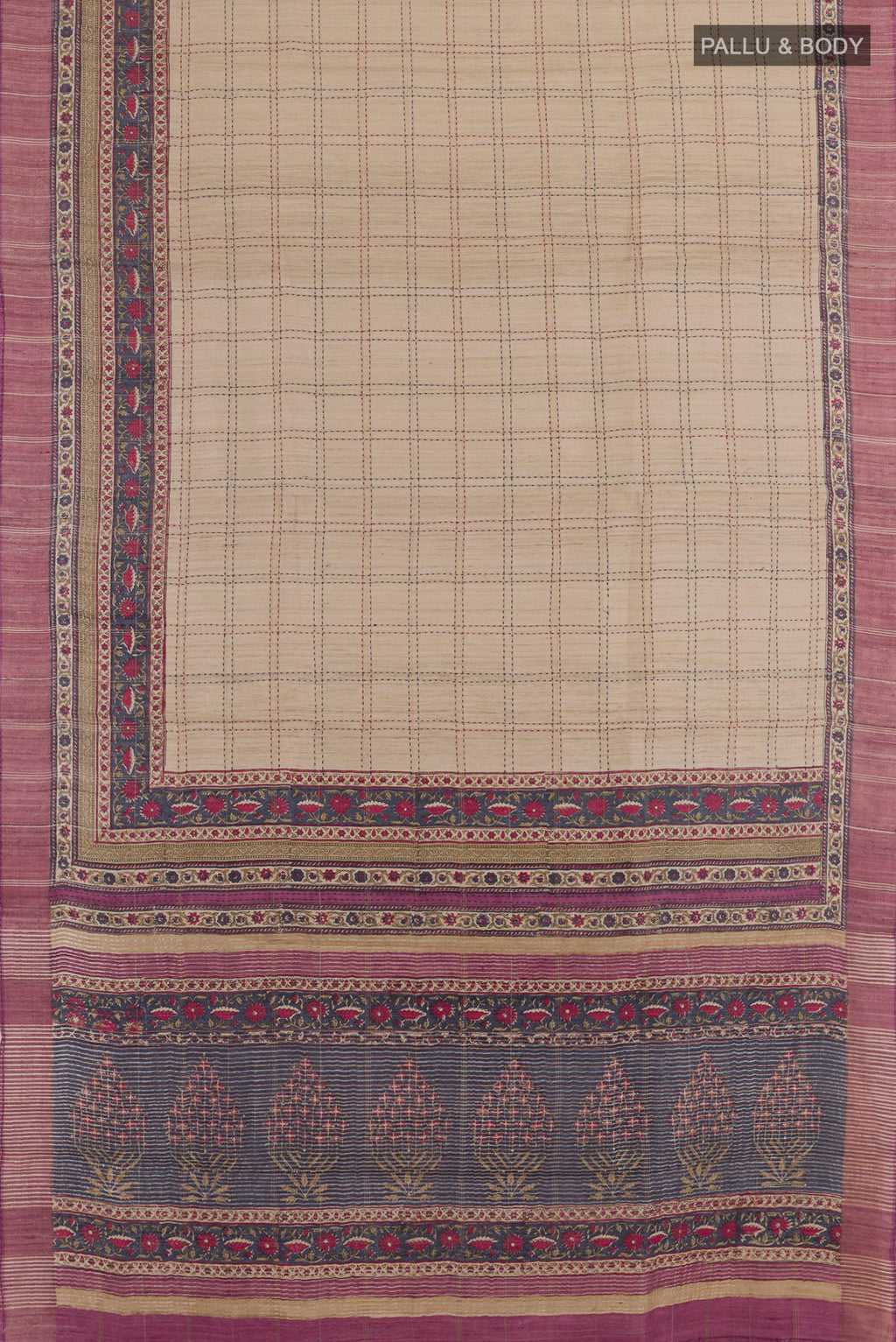 Flat view of Beige Tussar Saree with Checked design on the body and Zari Border. 