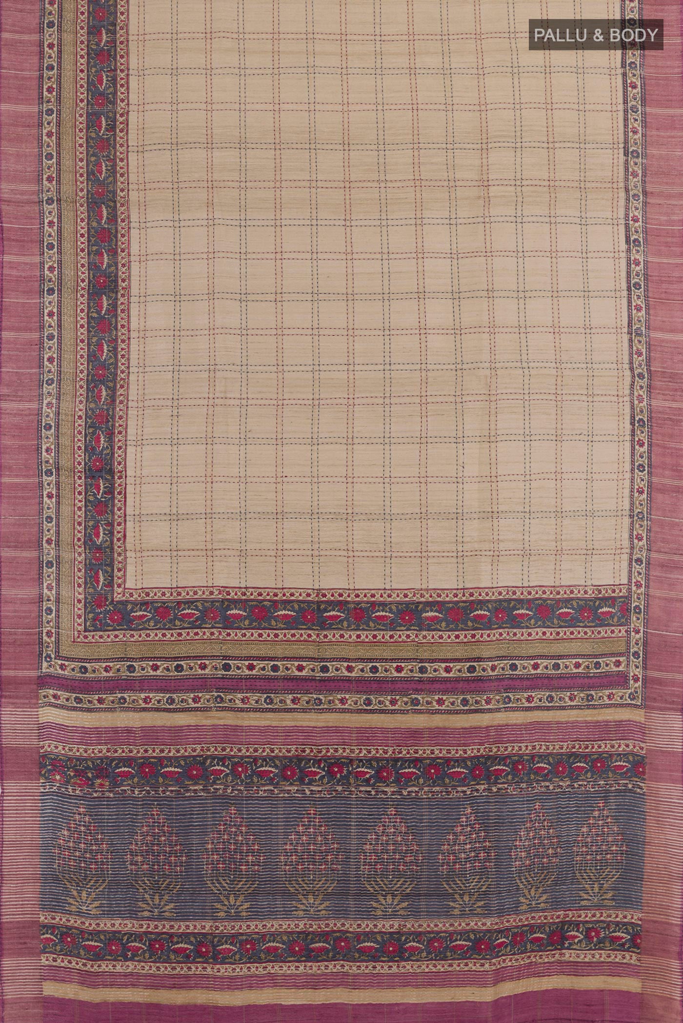 Flat view of Beige Tussar Saree with Checked design on the body and Zari Border. 