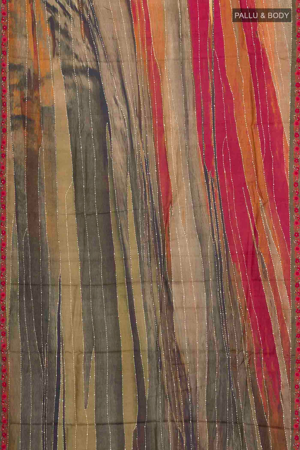 Flat view of Multi Color Tussar Silk Saree with Embroidery on the body and Embroidery Border