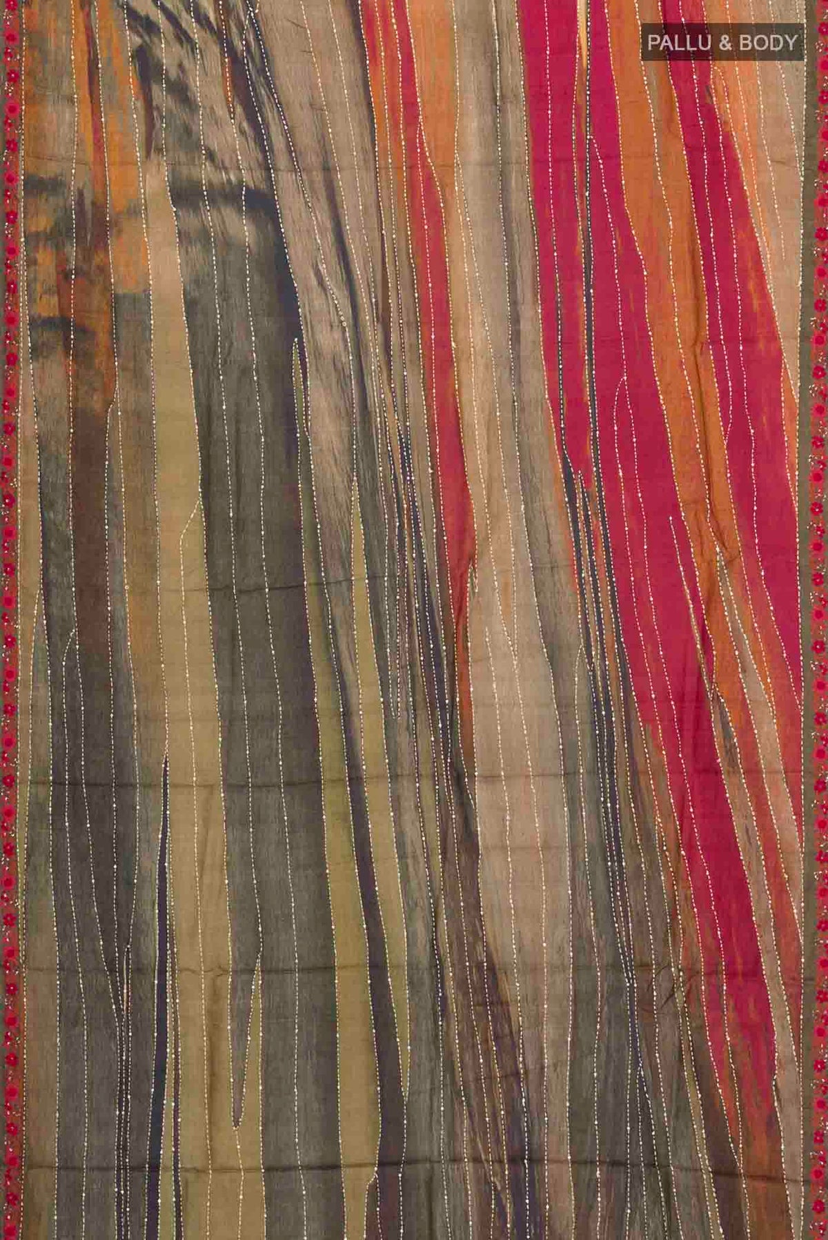 Flat view of Multi Color Tussar Silk Saree with Embroidery on the body and Embroidery Border