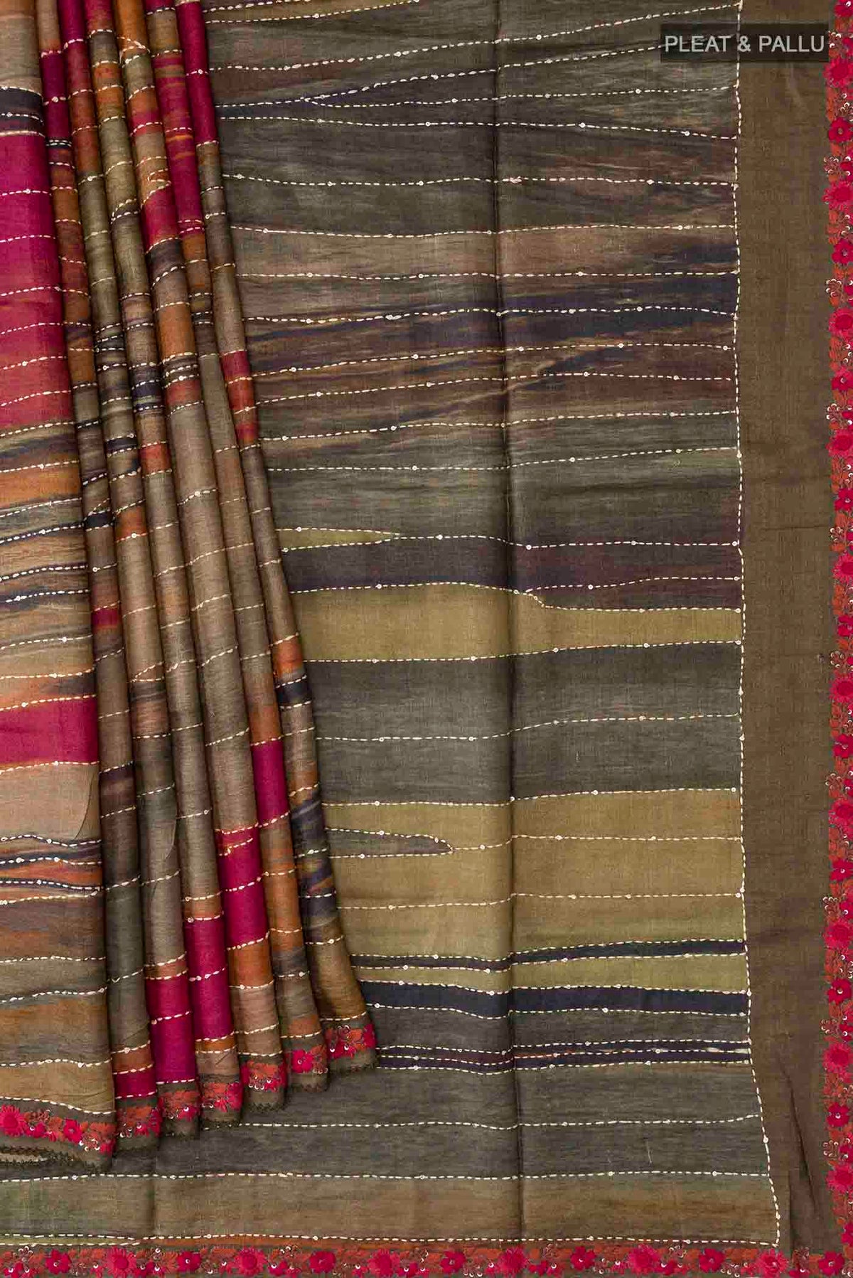 Pleats and pallu of Multi Color Tussar Silk Saree with Embroidery on the body and Embroidery Border