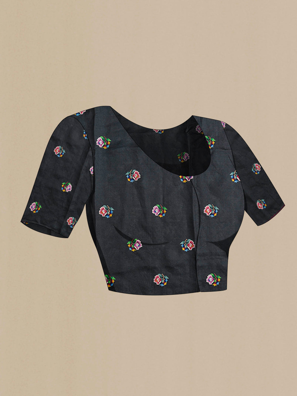 Close up image of the blouse of Black Tussar Silk Saree with Plain Body and Embroidery Border