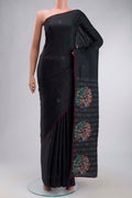 Black Tussar Silk Saree with Plain Body and Embroidery Border displayed on a mannequin