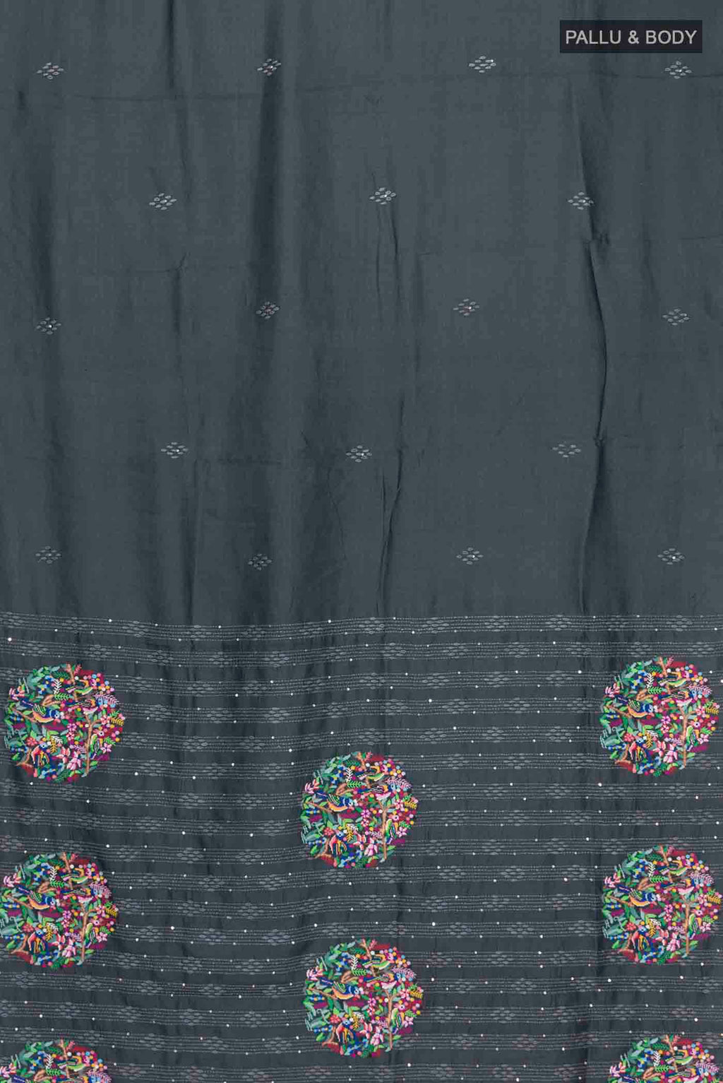 Flat view of Black Tussar Silk Saree with Plain Body and Embroidery Border