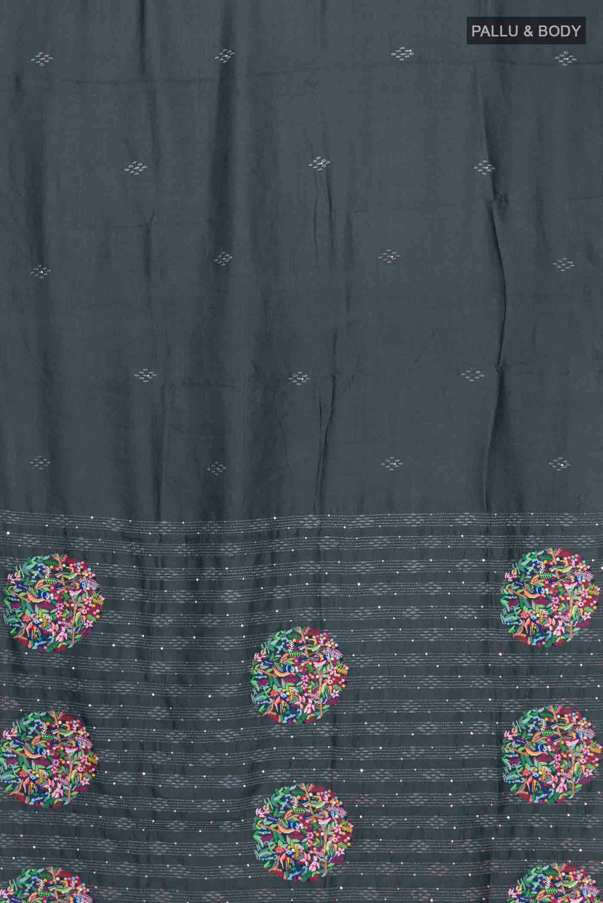 Flat view of Black Tussar Silk Saree with Plain Body and Embroidery Border