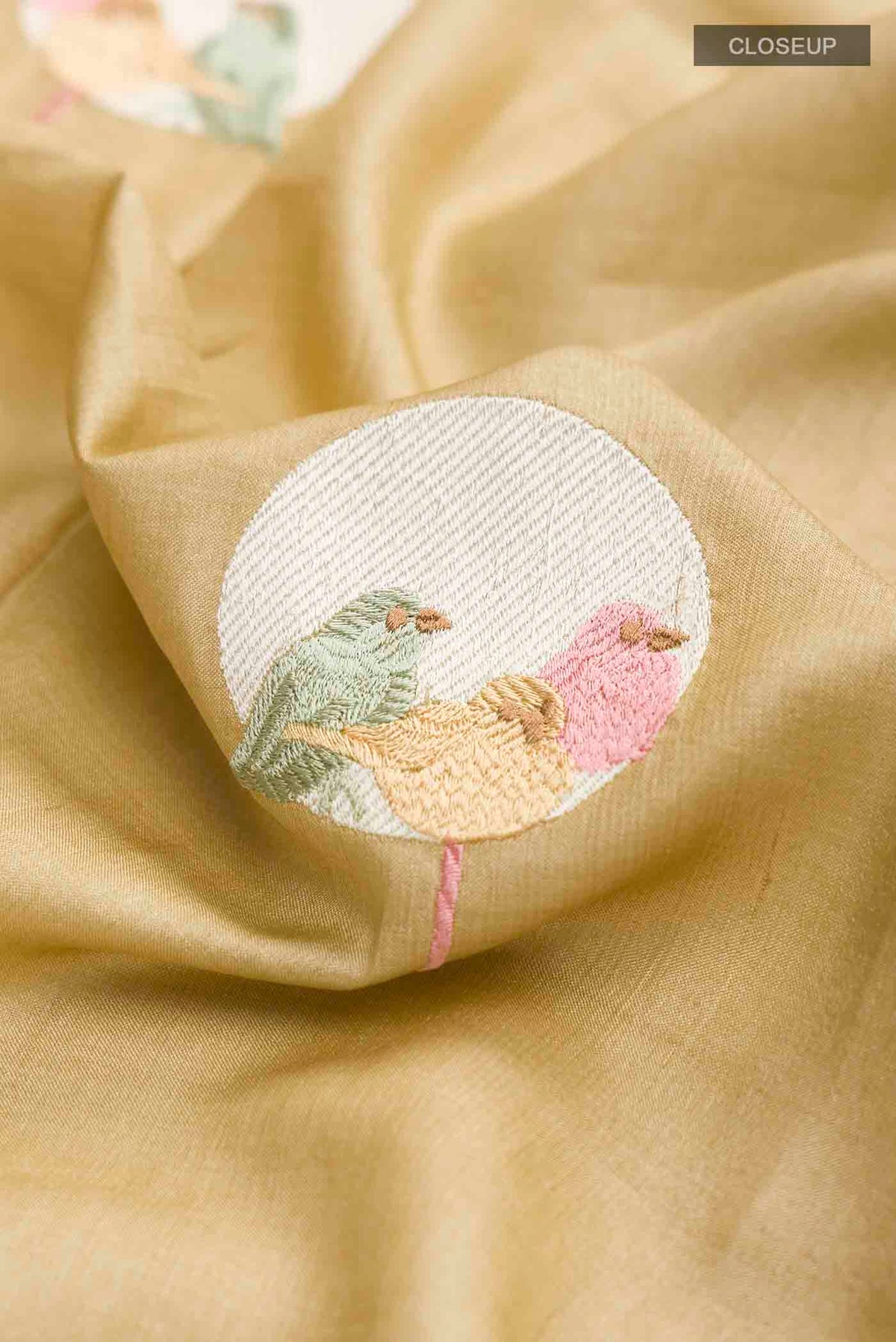 Close up of Beige Tussar Silk Saree with Embroidery on the body and Zari Border displaying folds