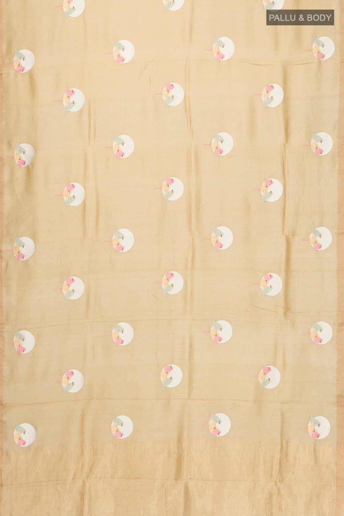 Flat view of Beige Tussar Silk Saree with Embroidery on the body and Zari Border