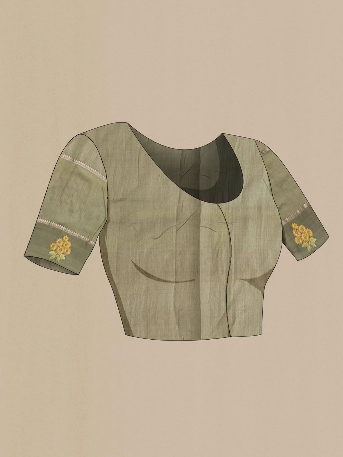 Close up image of the blouse of Green Tussar Silk Saree with Stripes on the body and Satin Border