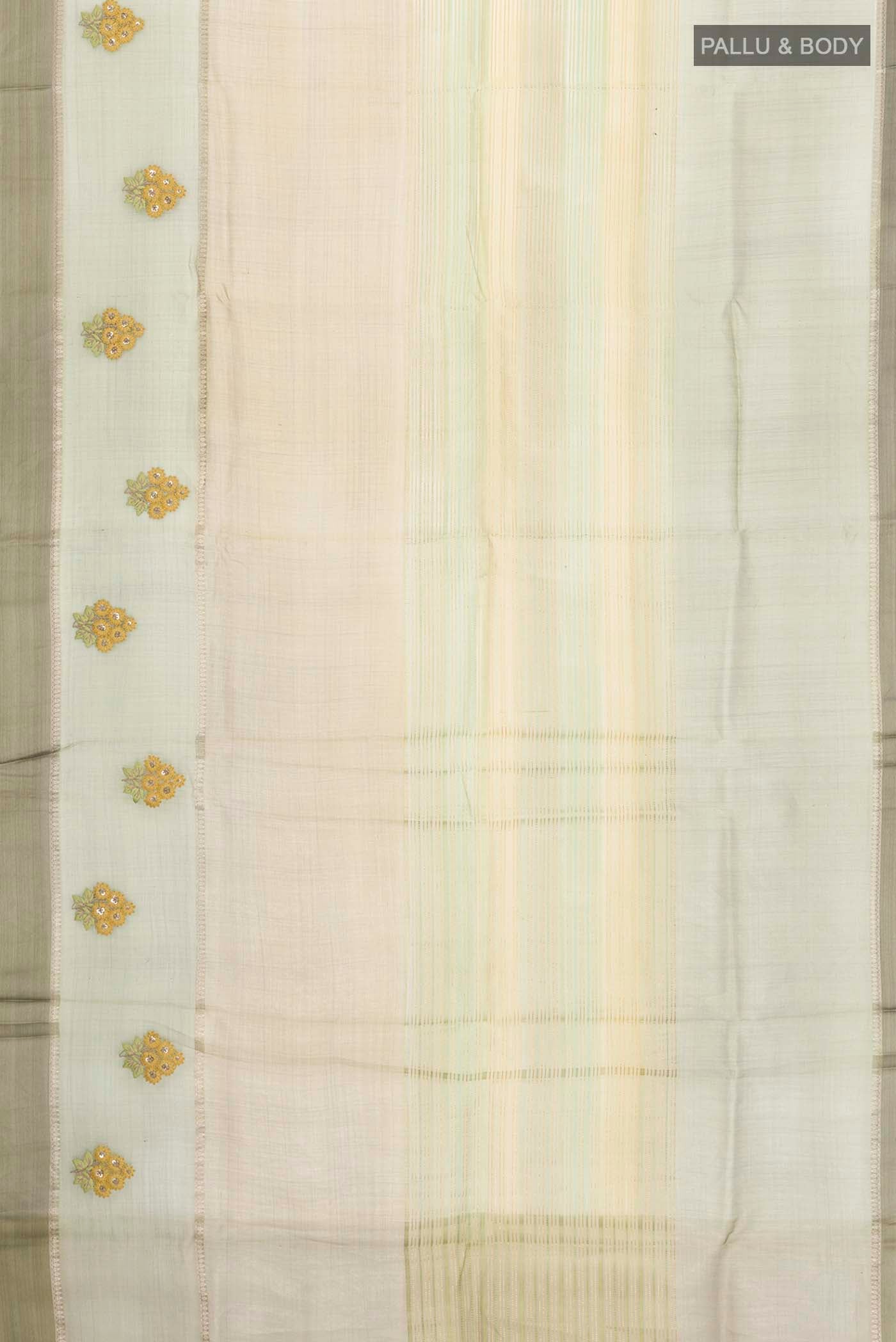 Flat view of Green Tussar Silk Saree with Stripes on the body and Satin Border